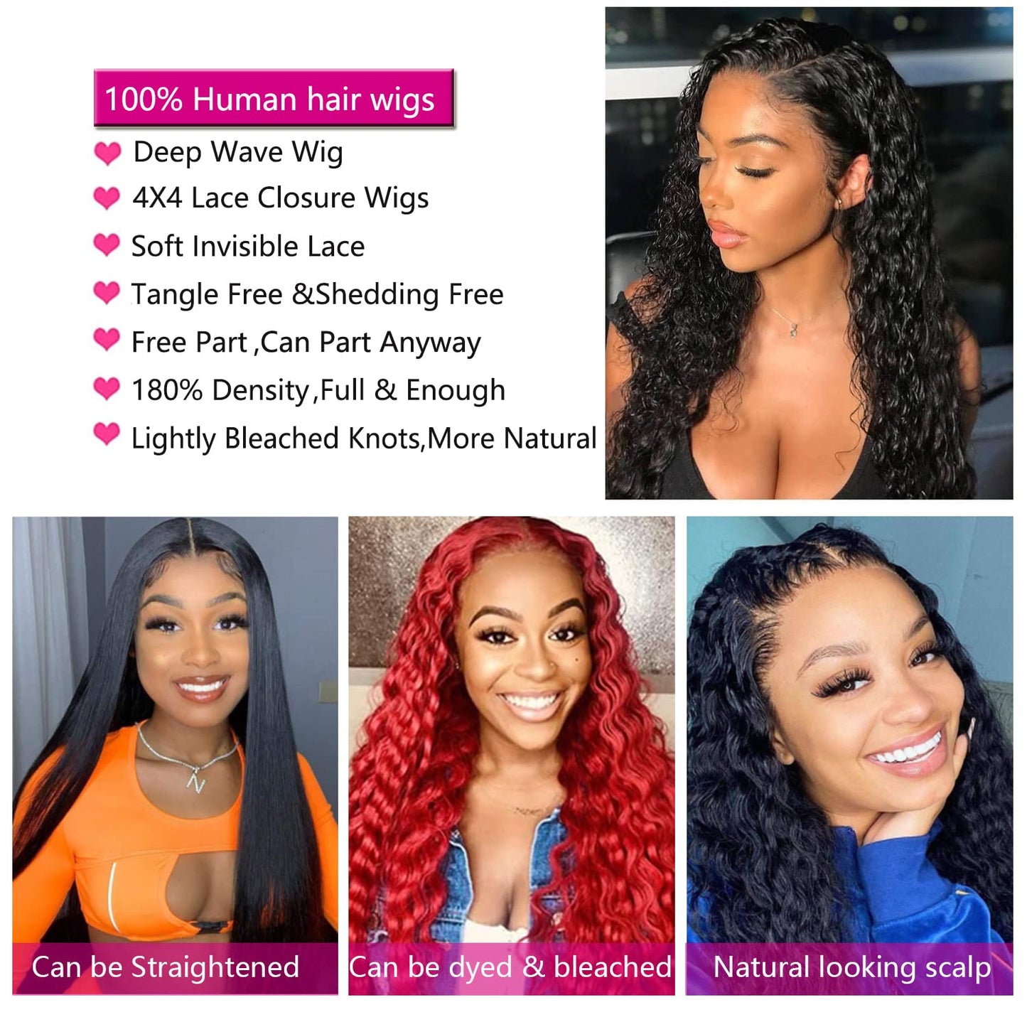 4GIRL4EVER Deep Wave HD Transparent Lace Front Wigs Human Hair Pre Plucked 180% Density 4X4 Glueless Lace Closure Human Hair Wigs for Black Women with Baby Hair Natural Color (24 Inch)