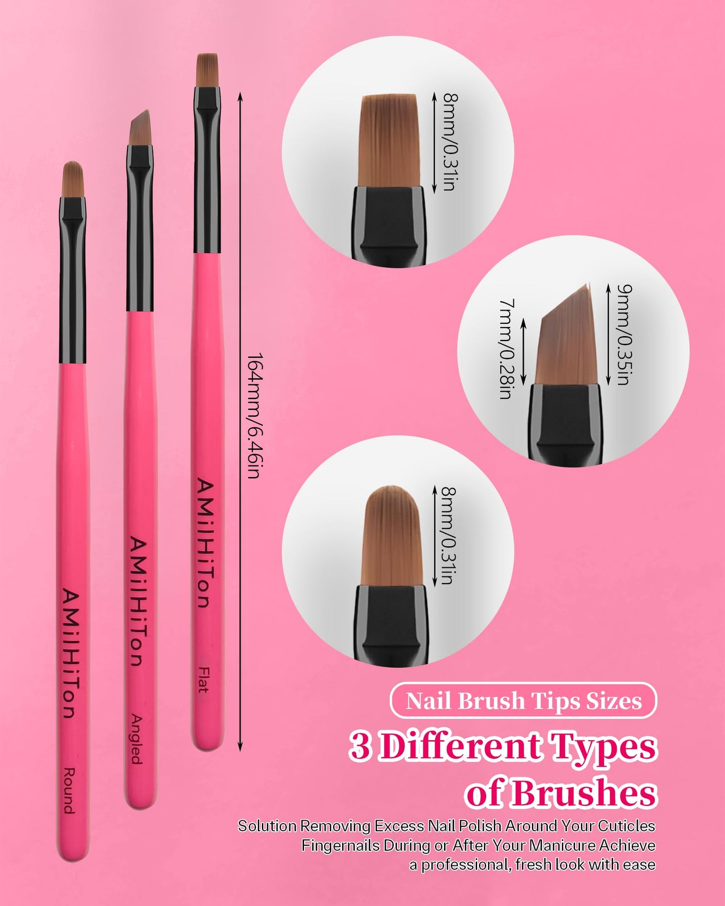 3PCS for OPI Nail Polish Remover Brush, AMilHiTon Nails Clean Up Brushes, Round/Angled/flat Acetone Resistant Nail Art Designs, and Tidying Up Polish Mishaps on Cuticles(Rose Red)
