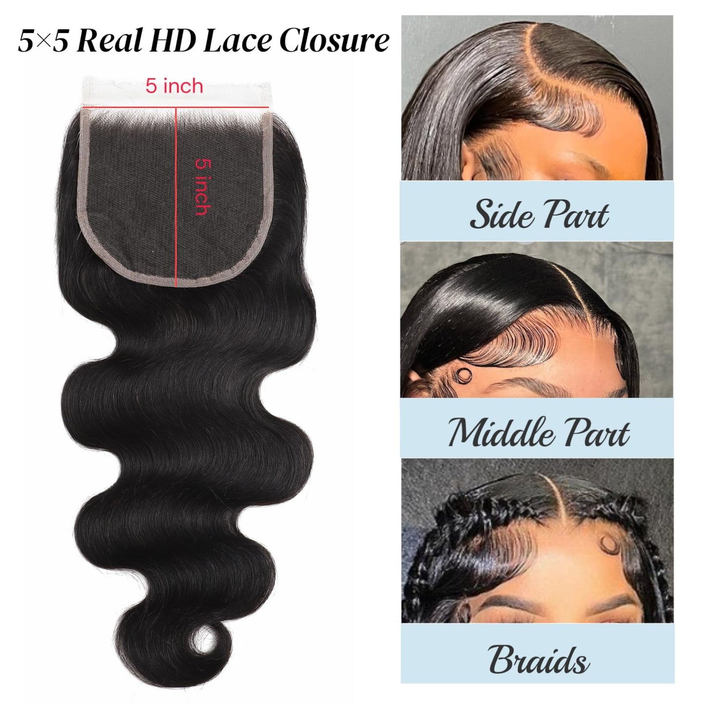 5x5 SKINLIKE 100% Real HD Lace Closure Body Wave Human Hair Closure 0.095mm Ultra-thin Invisible Swiss HD Lace Closure Pre Plucked Small Single Knots Brazilian Virgin Human Hair Lace Closure 20inch