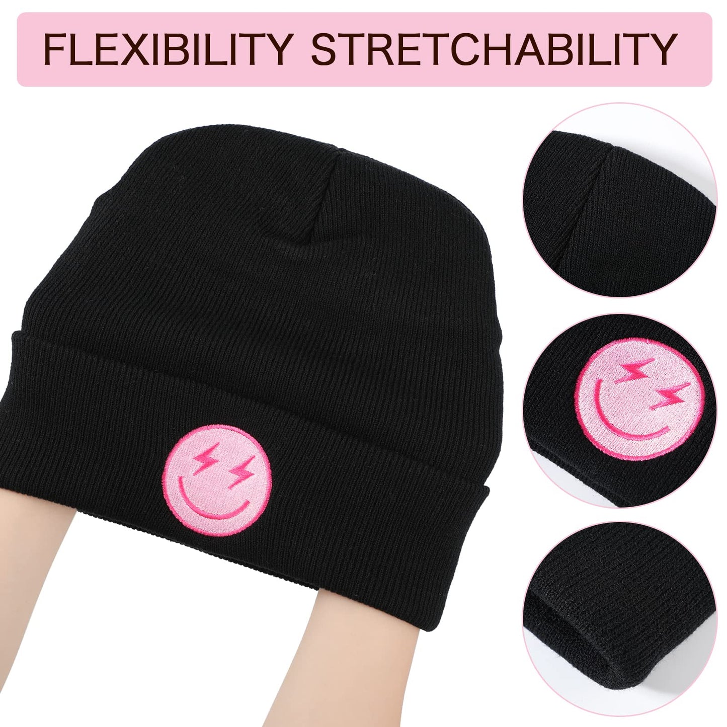 2 Pcs Preppy Beanie Hats Knit Beanie Hat Winter Cute Embroidered Hats for Women(Black, White,Smile Face)