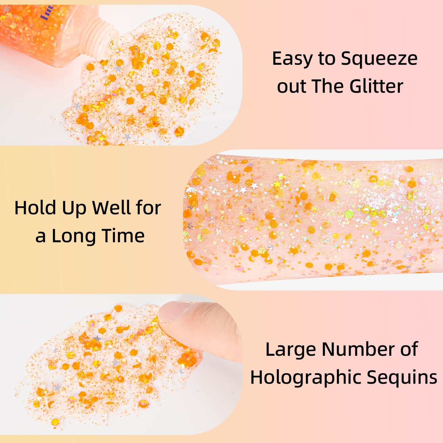 MEICOLY Orange Body Glitter,Sparkling Face Glitter Gel,Mermaid Sequins Face Paint Glitter Autumn Makeup,Eye Hair Chunky Festival Rave Accessories Makeup,Party Body Glitter Gel for Women Kids,50ml