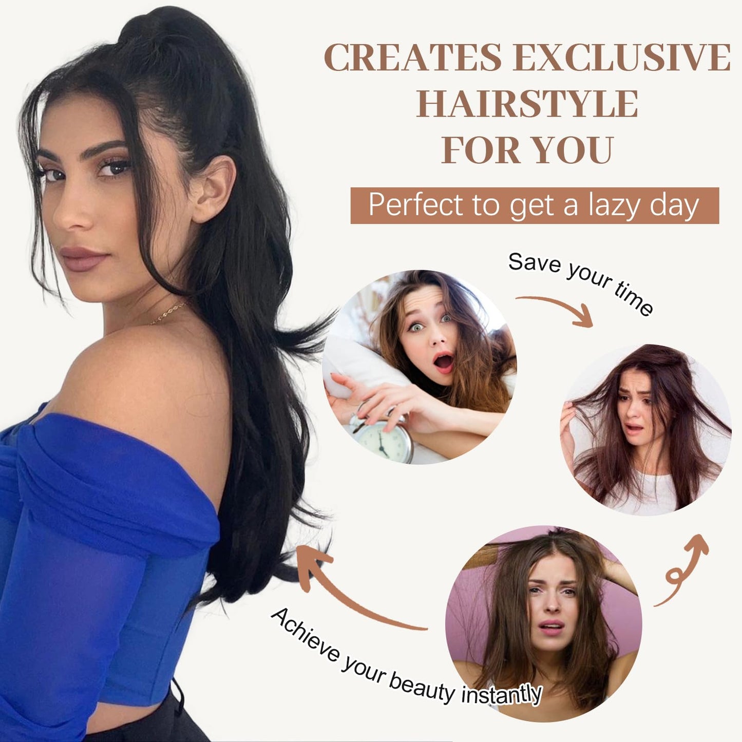 KooKaStyle Ponytail Extensions, 22 inch Black Long Drawstring Wavy Clip in Ponytail Hair Extensions Layered Synthetic Hairpiece for Women