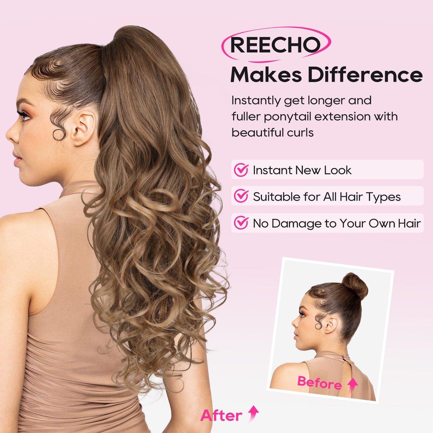 REECHO Ponytail Extension, 24" Claw Clip in Ponytail Extension Long Curly Wavy Ponytail Hair Extension Jaw Clip on Pony Tails Hairpiece for Women - Black Brown