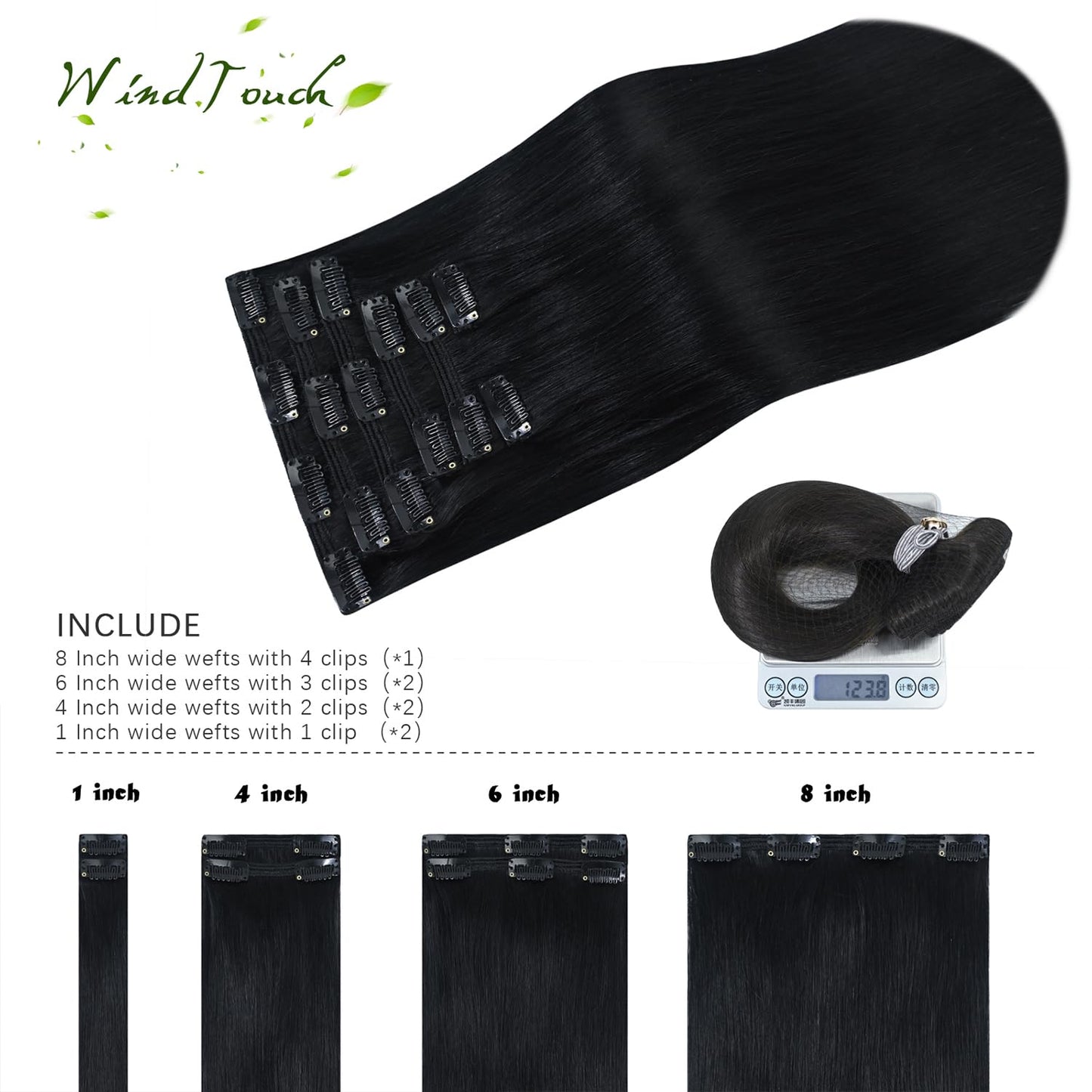 WindTouch Clip in Hair Extensions Real Human Hair #1 Jet Black Hair Extensions Remy Human Hair Full Head 16Inch 120g 7PCS Human Hair Clip in Extensions Black women