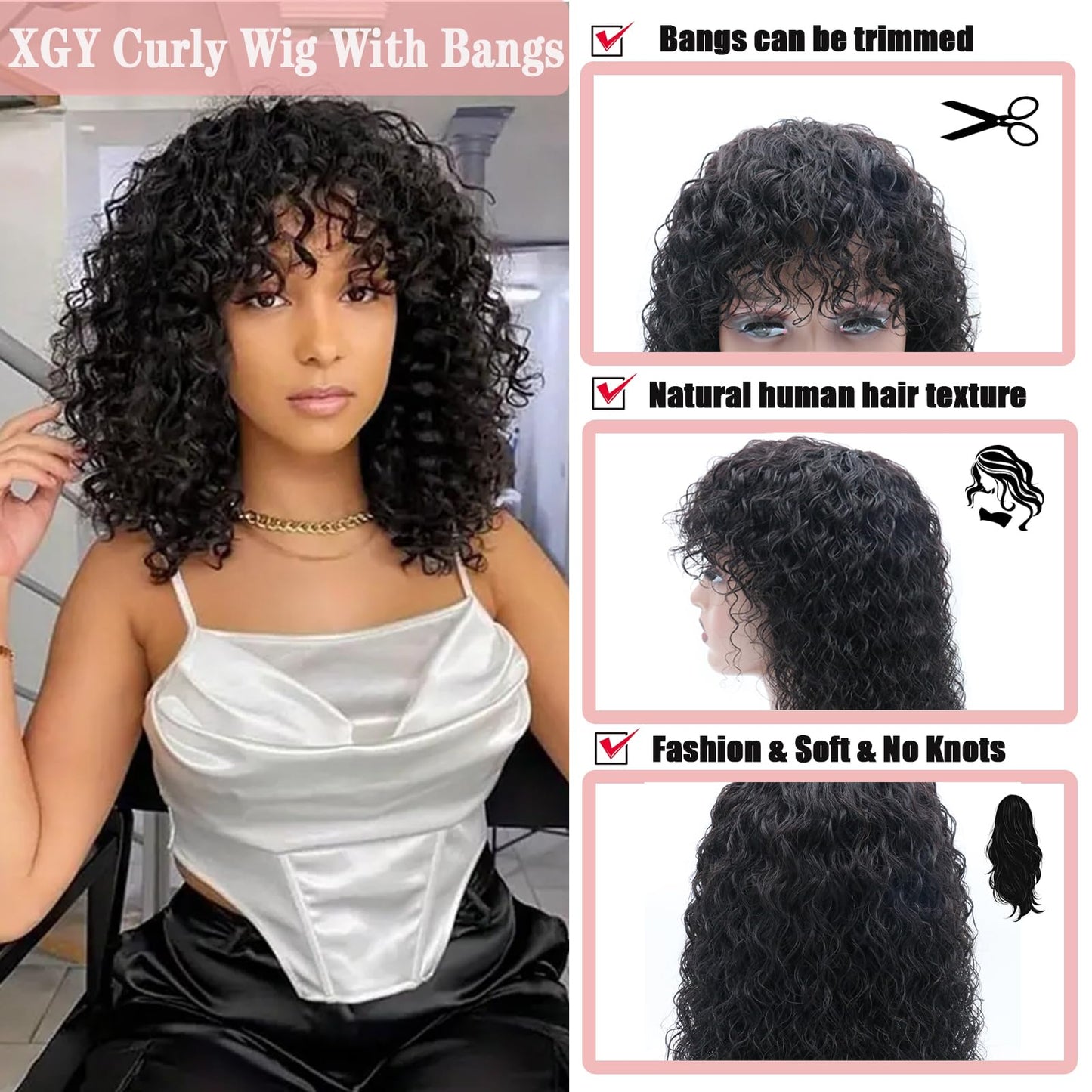 22 Inch Curly Human Hair Wigs with Bangs 150% Density Machine Made Virgin Curly Human Hair Wig Scalp Base None Lace Front Water Wave Wigs for Black Women Glueless Natural Hair Wig(1B#)