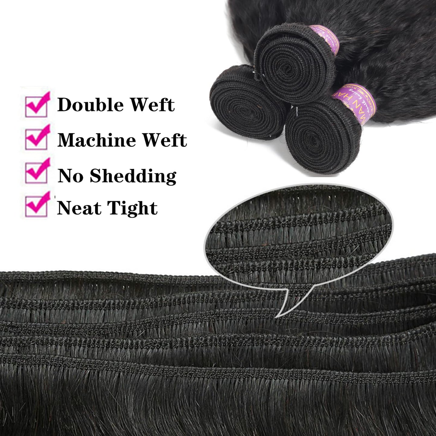 Kinky Straight Human Hair Bundles 16Inch Yaki Straight Human Hair Extensions 1 Bundles Unprocessed Brazilian Virgin Kinky Straight Human Hair For Black Women Natural Black