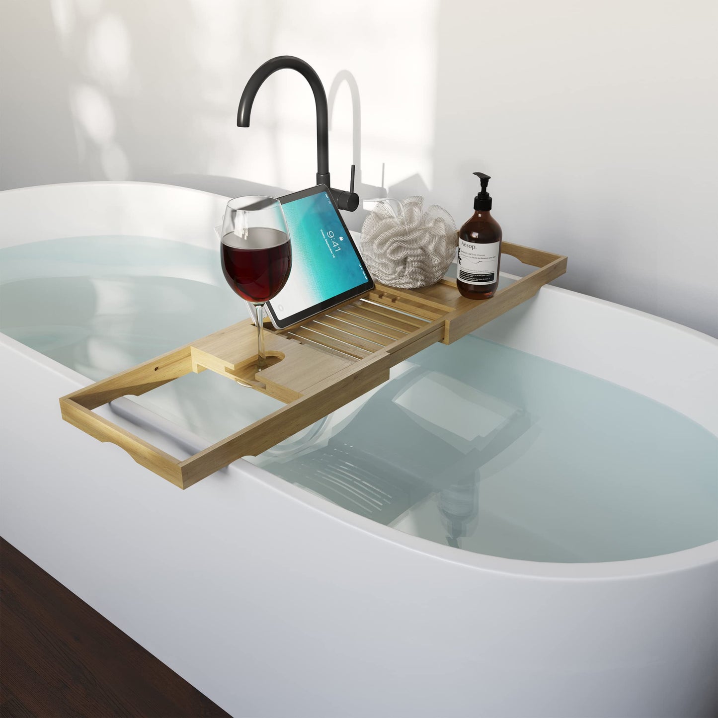 Acacia Bathtub Tray - Natural Wood Tray with Extended Sides, Wine Glass Holder, Book, Phone, or Tablet Rest - for Bath Accessories by Home-Complete