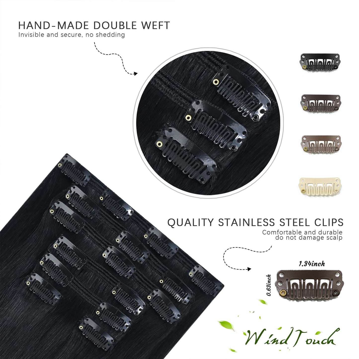 WindTouch Clip in Hair Extensions Real Human Hair #1 Jet Black Hair Extensions Remy Human Hair Full Head 16Inch 120g 7PCS Human Hair Clip in Extensions Black women