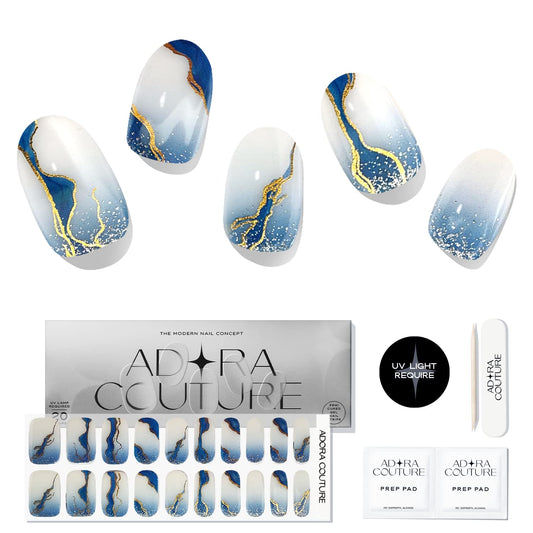 Adora Couture Semi Cured Gel Nail Strips with 20 Pieces, Salon Quality Nail Wraps for Women, Gold Foil Gradient Blue UV Gel Nail Stickers, UV Light Required, Ocean Wave