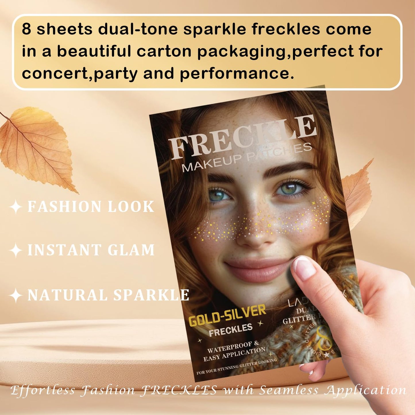 8 Pcs Dual-Tone Face Makeup Patches, Gold-Silver Glitter Freckles, Glitter Freckles Face Tattoo, Waterproof Face Sparkle Freckles, Long-Lasting 48h Freckles for Women (8Pcs Gold-Silver)