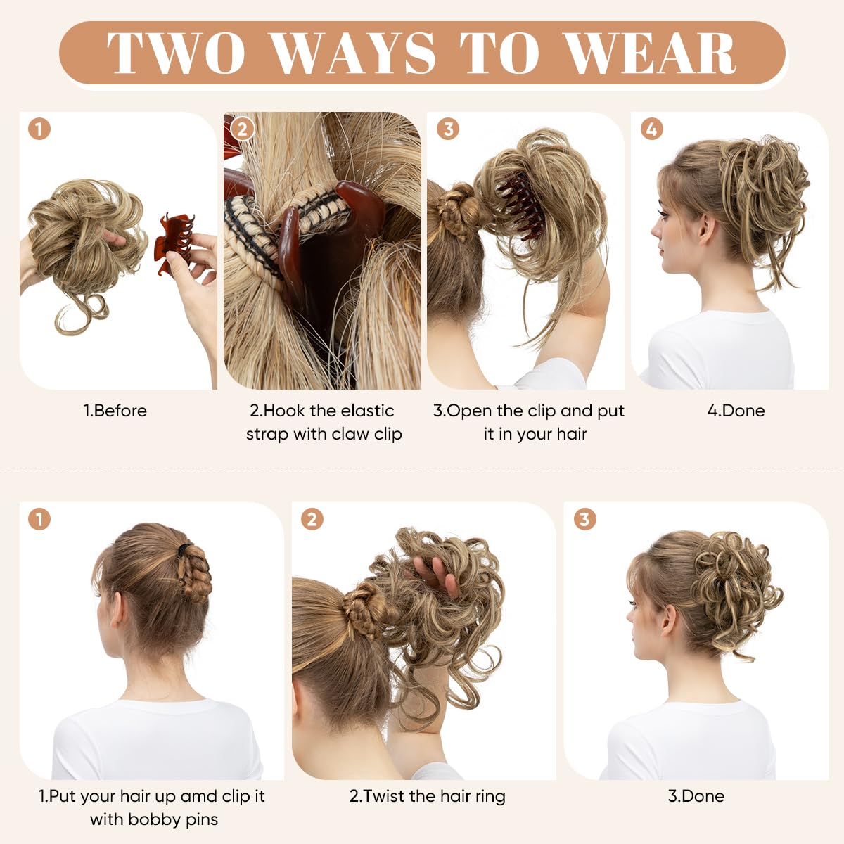 SARLA 2PCS Messy Bun Hair Pieces for Women Detachable Claw Clip Wavy Curly Synthetic Hairpieces for Updos with Tendrils Fake Scrunchies Ponytail Extension Light Champagne