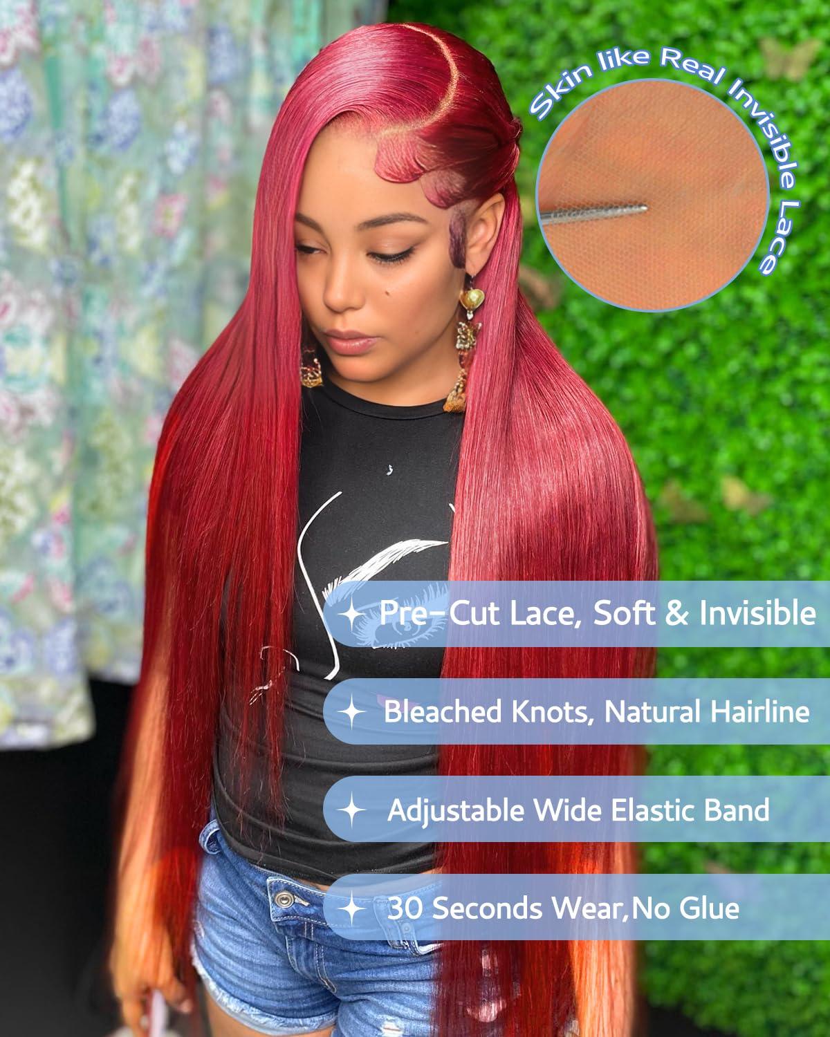 GUDOZO Glueless Wigs Human Hair For Black Women 9x6 HD Burgundy Lace Front Wigs Human Hair Frontal Wigs Human Hair Glueless Wigs Human Hair Pre Plucked Pre Cut Straight 200 Density 16 Inch