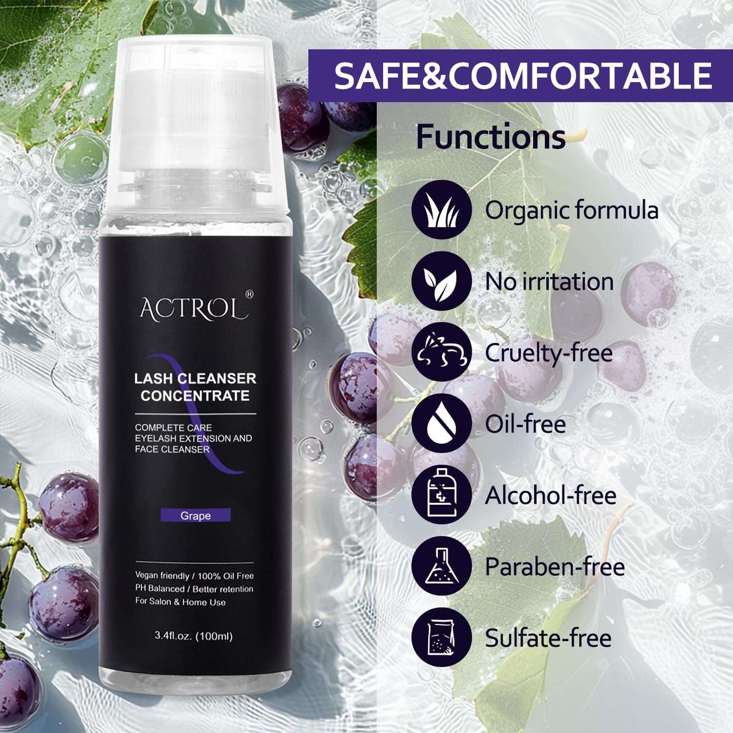 ACTROL Eyelash Cleanser Concentrate 100ml Professional Lash Shampoo Foaming Cleanser Lash Wash Concentrate for Extensions Lashes with Salon Home Care-Makes 40 Bottles Grape
