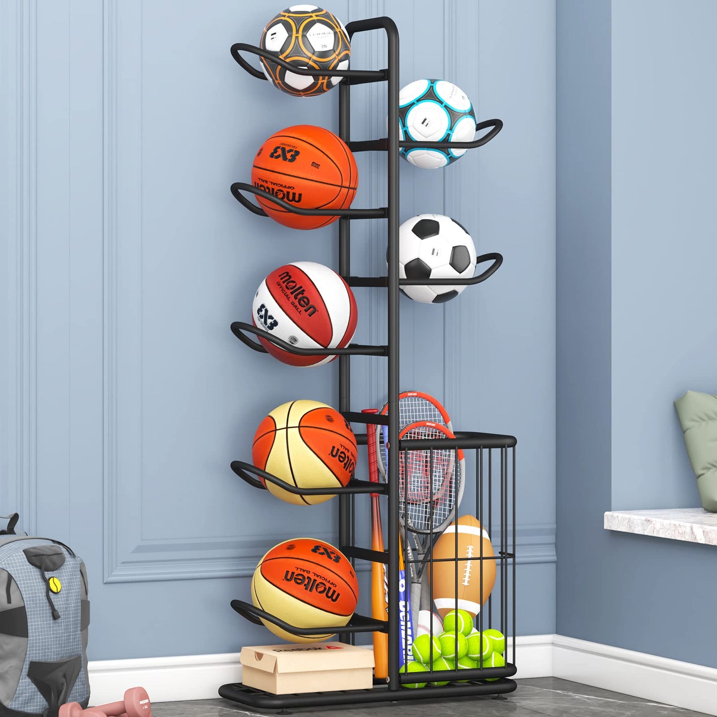MLUPODY 7-Ball Sports Equipment Storage Rack with Ball Holder and Basketball Rack, Athletic Gear Organizer ball Stand - Organize Toys, Sports Gear and More, 57.5" (Black)