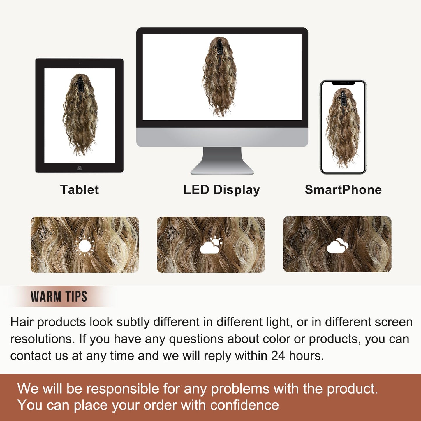 FLUFYMOOZ Ponytail Extension, 18 Inch Claw Clip Ponytail Extension, Wavy Curly Claw Clip in Ponytail Hair Extensions, Natural Fake Ponytail Synthetic Hairpiece for Women (Cool Brown with Blonde Highlights)