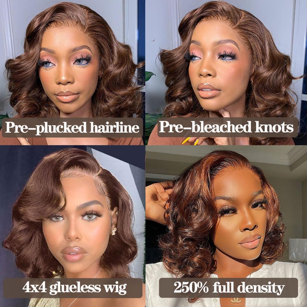 250% Density Loose Deep Wave Brown Lace Front Wigs Human Hair Wear and Go Glueless Short Bob Wigs Human Hair 4x4 HD Lace Closure Wigs with Elastic Band (16inches)