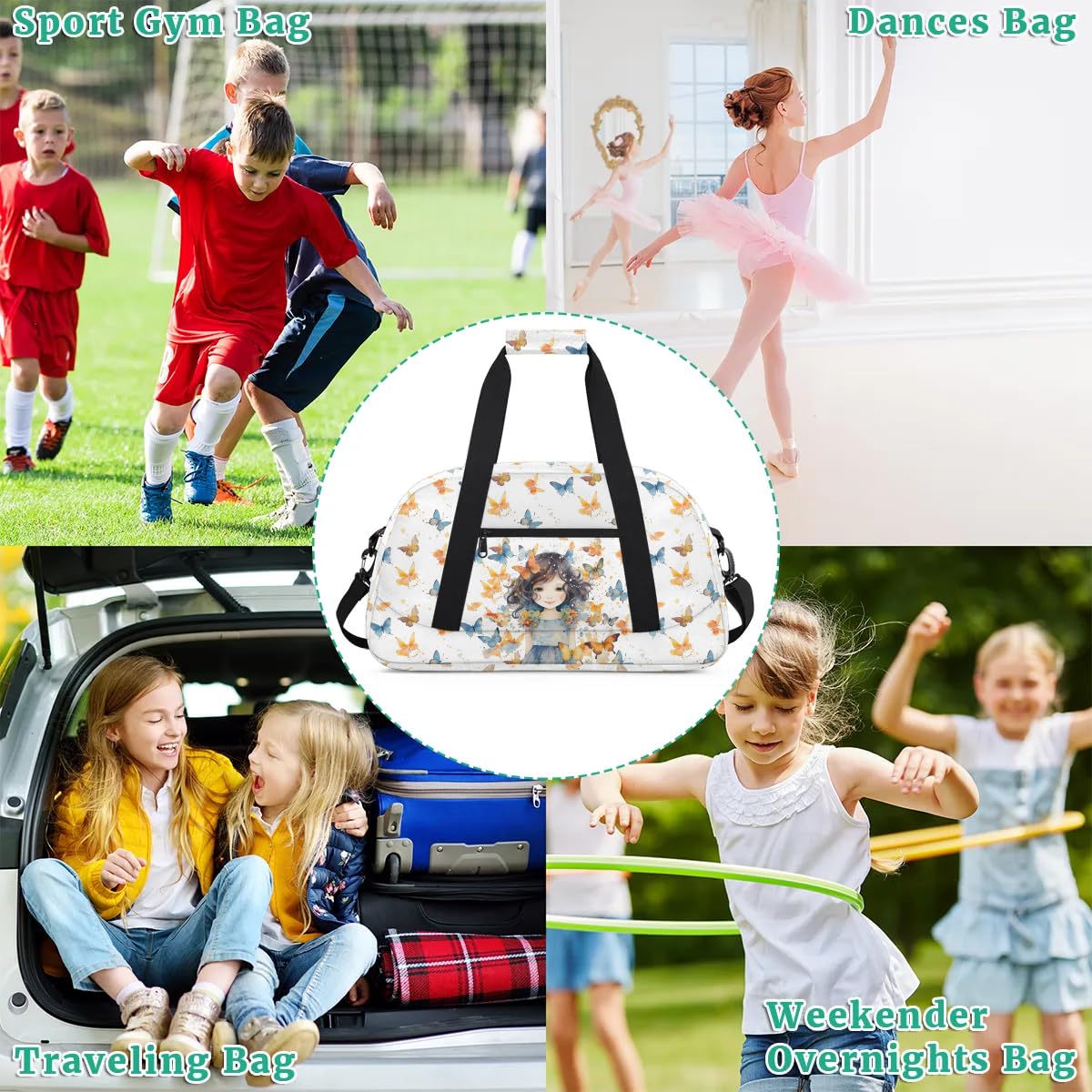 Gym Bag for Kids Girls, Butterfly Girl Small Duffel Bag with Padded Handles Carry On Weekend Travel Bag for School Practice Ball Games