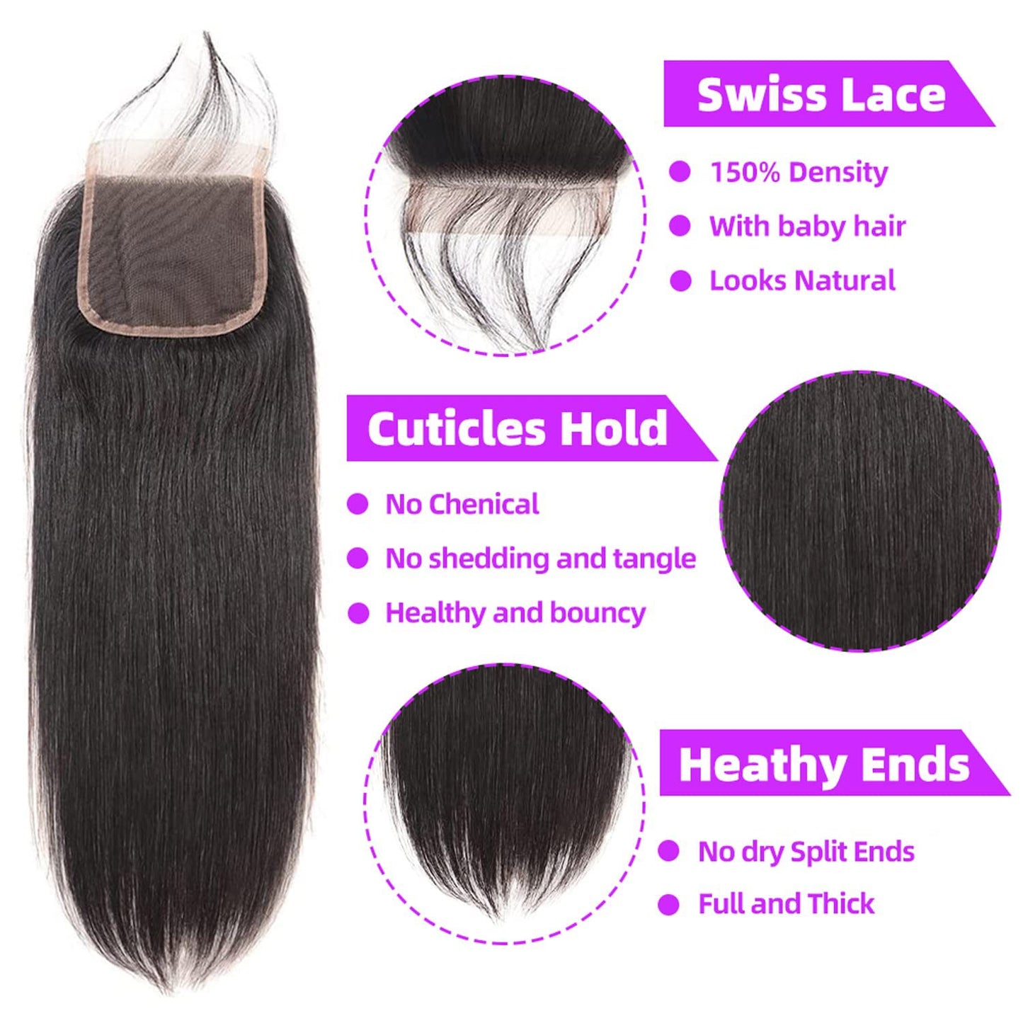 10A Straight Bundles with Closure Human Hair (18 20 22+16) Brazilian Human Hair Bundles with Closure 100% Unprocessed Virgin Remy Hair Weave 3 Bundles with Closure HD Lace 4x4 Free Part Natural Color