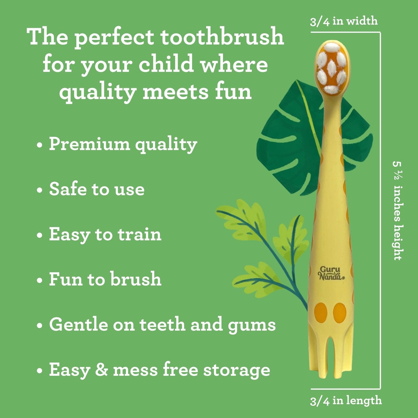 GuruNanda Kids Butter On Gums Cute Giraffe Toothbrush with Tongue Scraper & Cover - Super Soft Bristles for Gentle Cleaning -Ergonomic Handle (Age 1+) (Pack of 2)