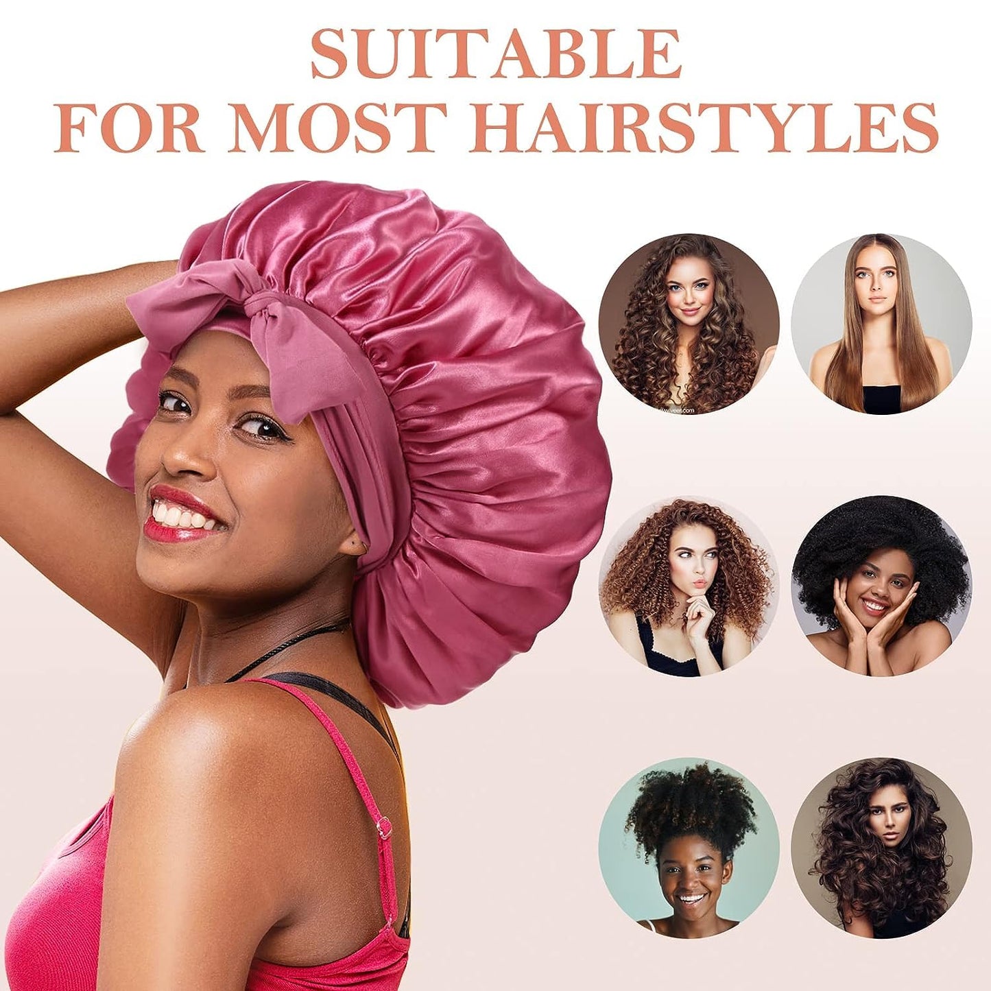 3Pcs Silk Bonnet for Sleeping Women, Satin Hair Bonnets for Curly Hair, Jumbo Bonnet with Tie Band Braids shower cap