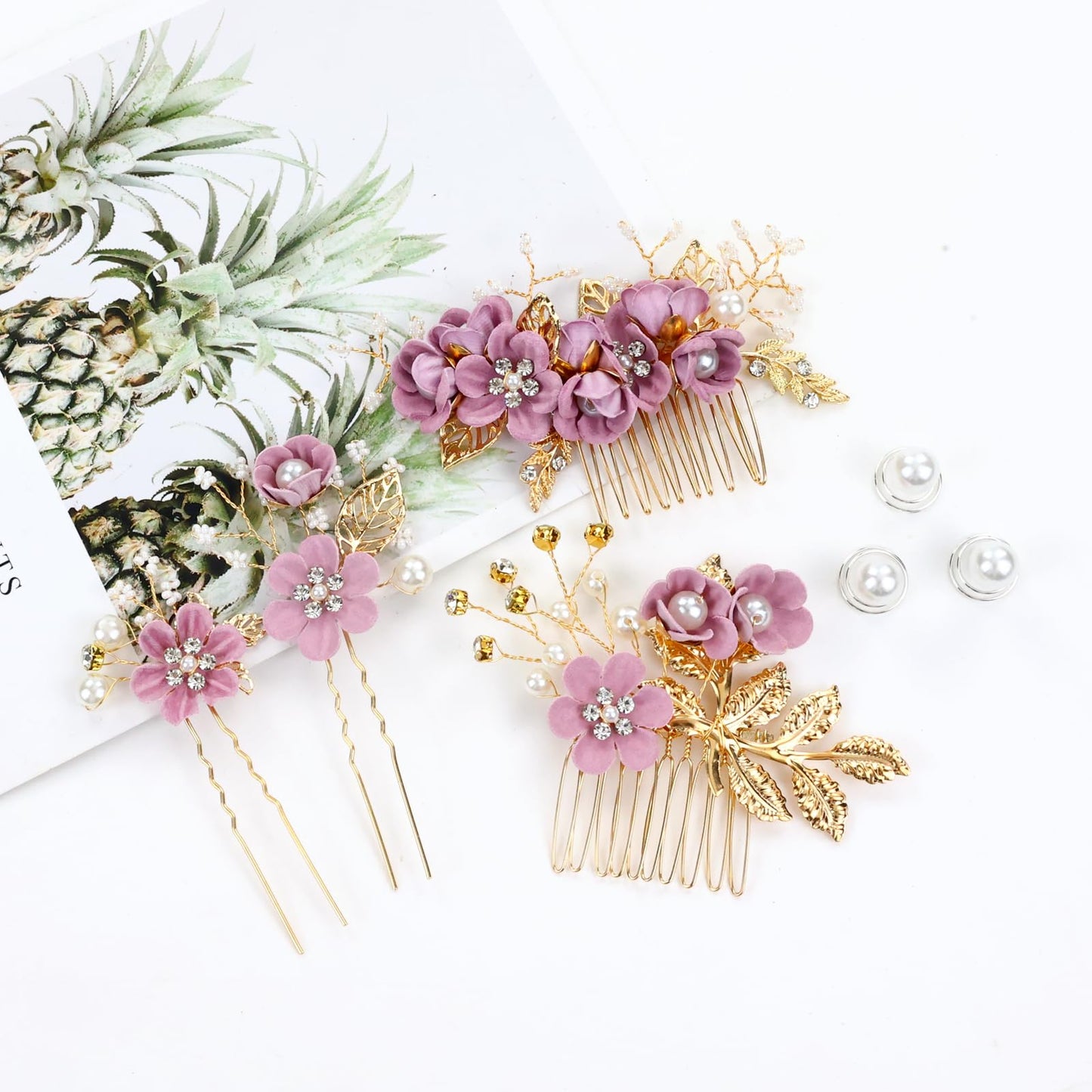 inSowni 20 Pack Classic White Dusty Pink Blue Flower Bridal Wedding Hair Side Combs+U-shaped Flower Hair Pins+Twist Spiral Pearl Hair Pins Pieces Headpieces Accessories for Brides Bridesmaids Women Girls (Purple)