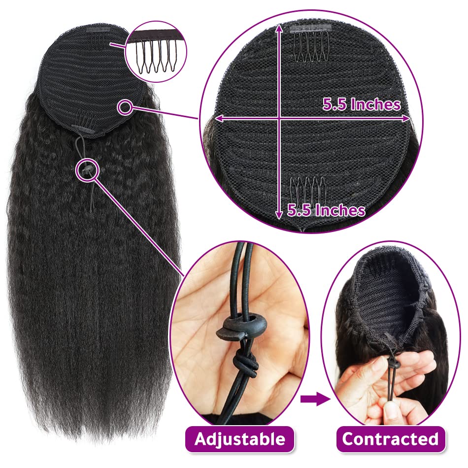 Adette 12 Inch Kinky Straight Human Hair Ponytail Glueless Drawstring Ponytails Extension Yaki Straight Clip in Hair Extensions for Black Women Natural Black Remy Hair