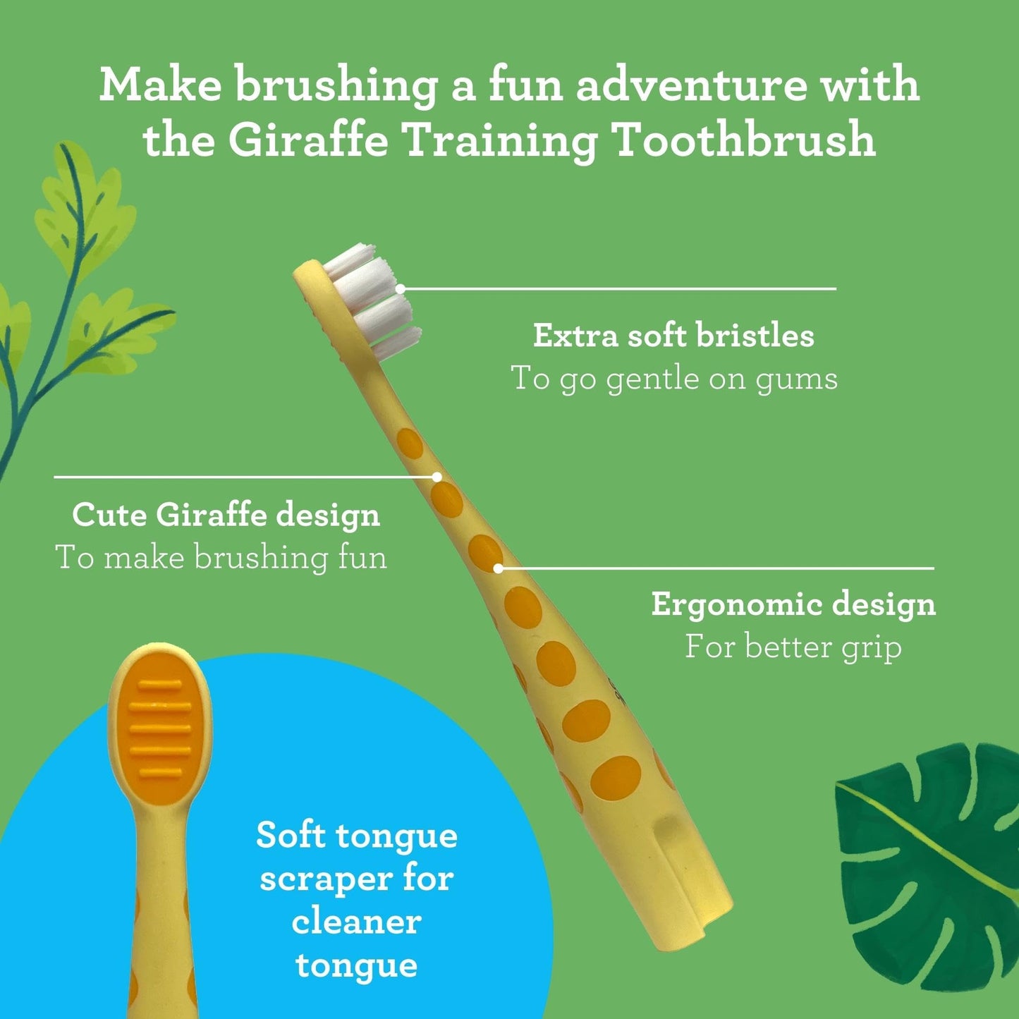 GuruNanda Kids Butter On Gums Cute Giraffe Toothbrush with Tongue Scraper & Cover - Super Soft Bristles for Gentle Cleaning -Ergonomic Handle (Age 1+) (Pack of 2)