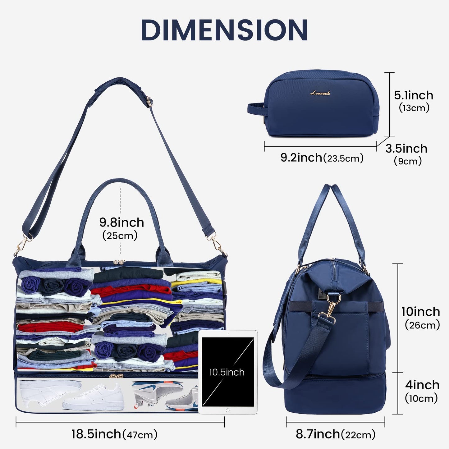 Gym Bag for Women LOVEVOOK Travel Duffel Bag with USB Charging Port, Navy Blue, Medium