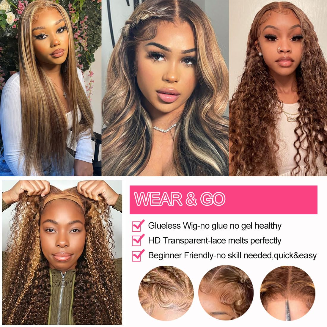 4/27 Highlight Honey Blonde Glueless Wigs Human Hair Pre Plucked Pre Cut 5x5 HD Lace Closure Ombre Wig Human Hair Curly Lace Front Wig Deep Wave Human Hair Wig Wear And Go Glueless Wig 24 inch