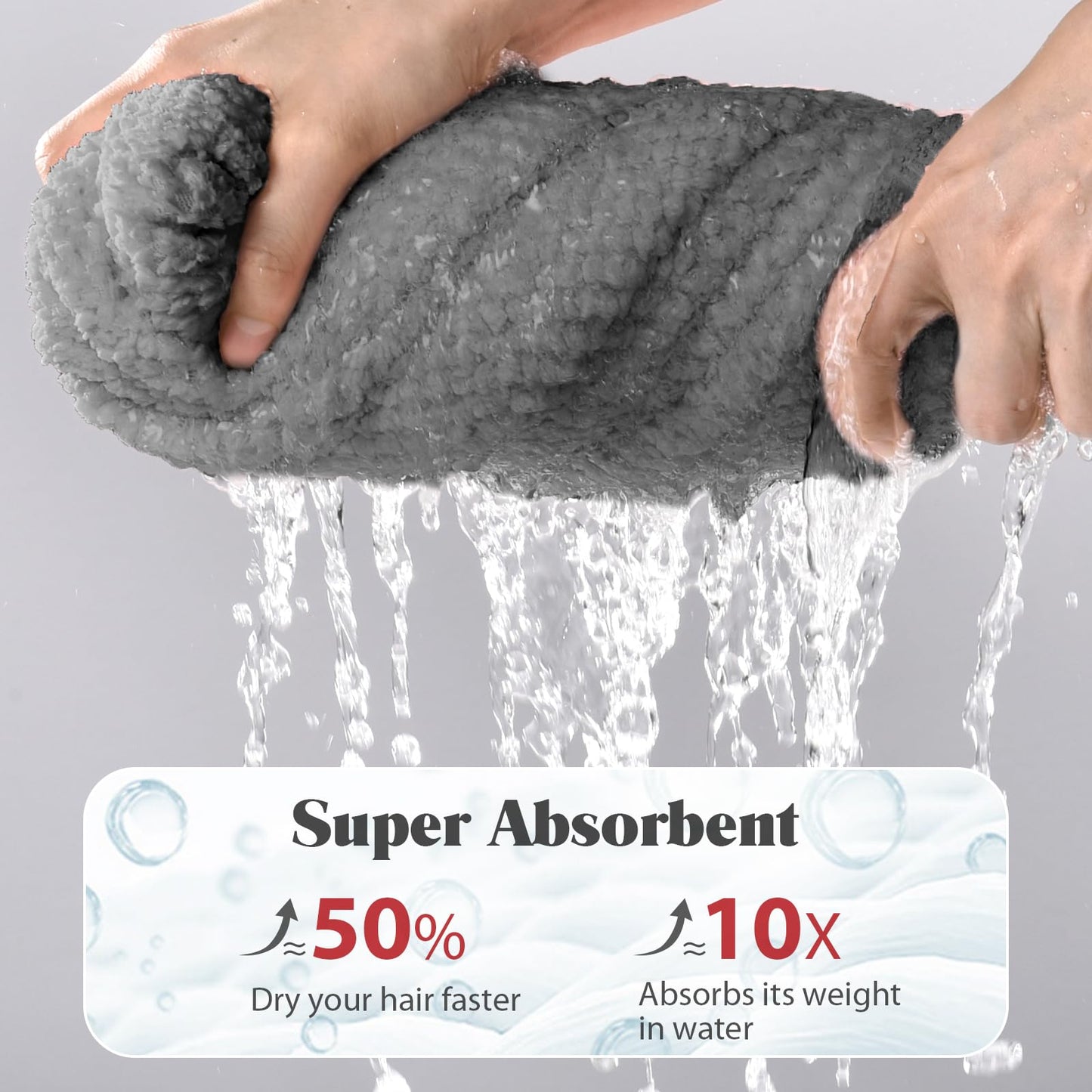 MABAO Microfiber Hair Towel Wrap for Women, Quick Dry Hair Turban Towel with Elastic Band, Microfiber Plopping Towel for Curly Hair, Stocking Stuffers for Women(Gray)