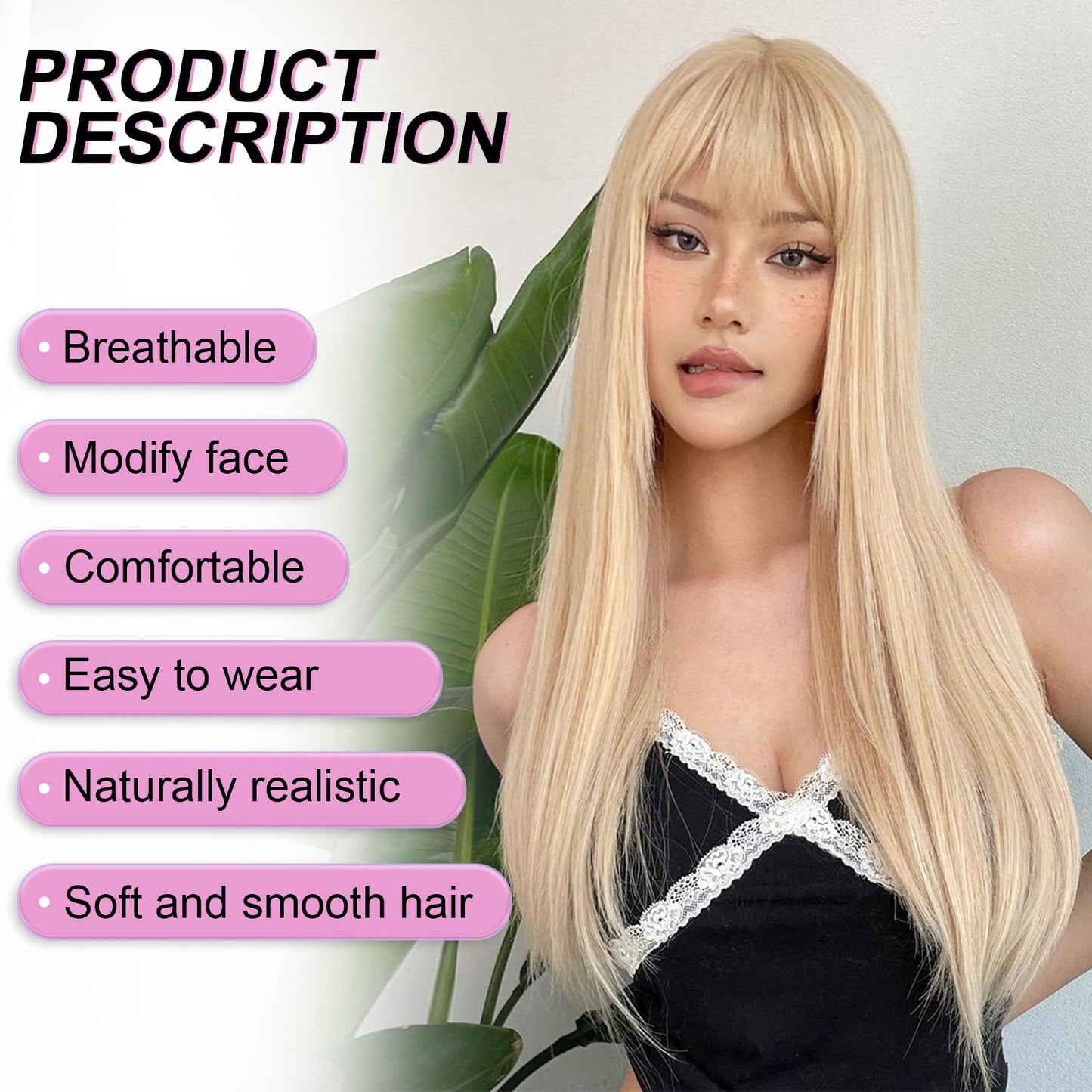 Getshow Light Blonde Wigs for Women Straight Long Wig with Bangs Natural Synthetic Hair