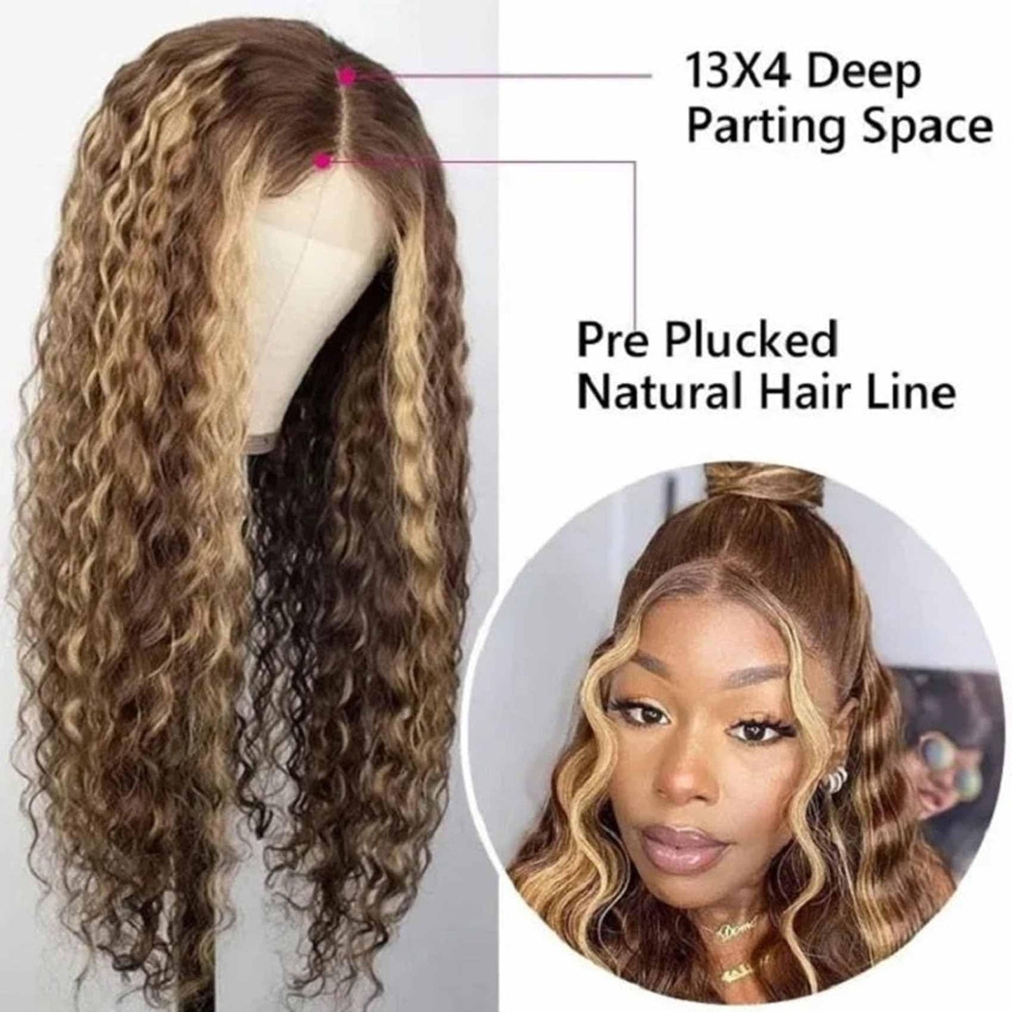 26inch Ombre Highlight Lace Front Wigs Human Hair Water Wave 13x4 Transparent Curly Lace Frontal Wigs Pre Plucked with Baby Hair Wet and Wavy Curly Wigs for Women 150% Density 4/27 Honey Blonde Color