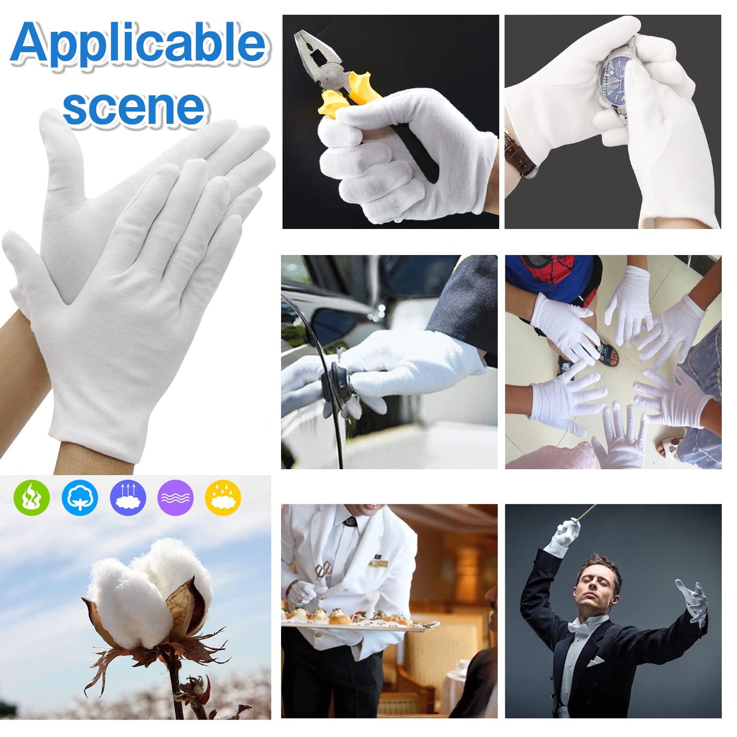 24Pcs Cotton Gloves for Dry Hands Moisturizing Gloves Cotton Gloves Eczema White Gloves for Men and Women and Kid, Stretchable Reusable Cloth Gloves for Spa Lotion Coin Jewelry Silver Inspection(L)