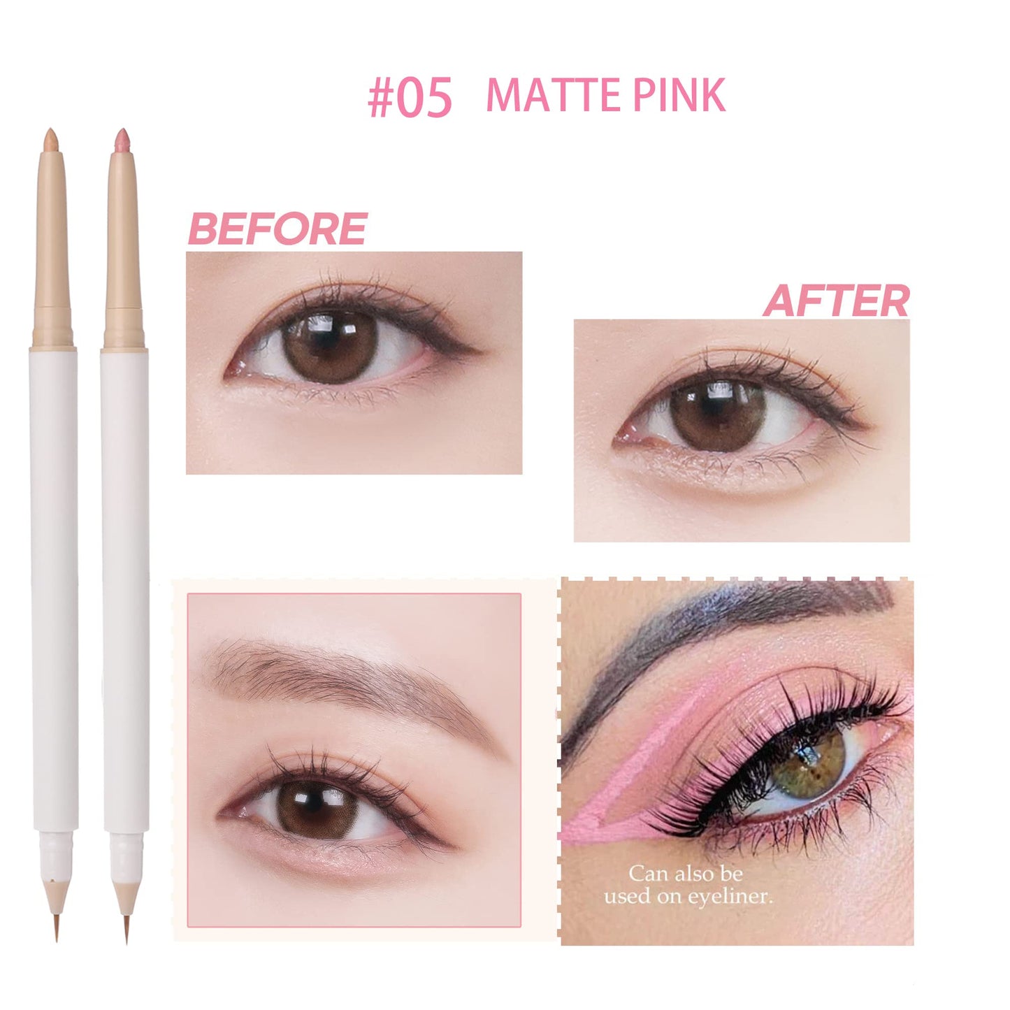3PC Double Ended Highlighter Makeup Pen, Glitter & Matte Nude EyeLiner & Eyeshadow, Liquid Contour Liner 2 in 1 Eye Brightener Make Up Stick, Mulit-Funtional Long Lasting Lying Silkworm Pencil ( #01, #02, #04)