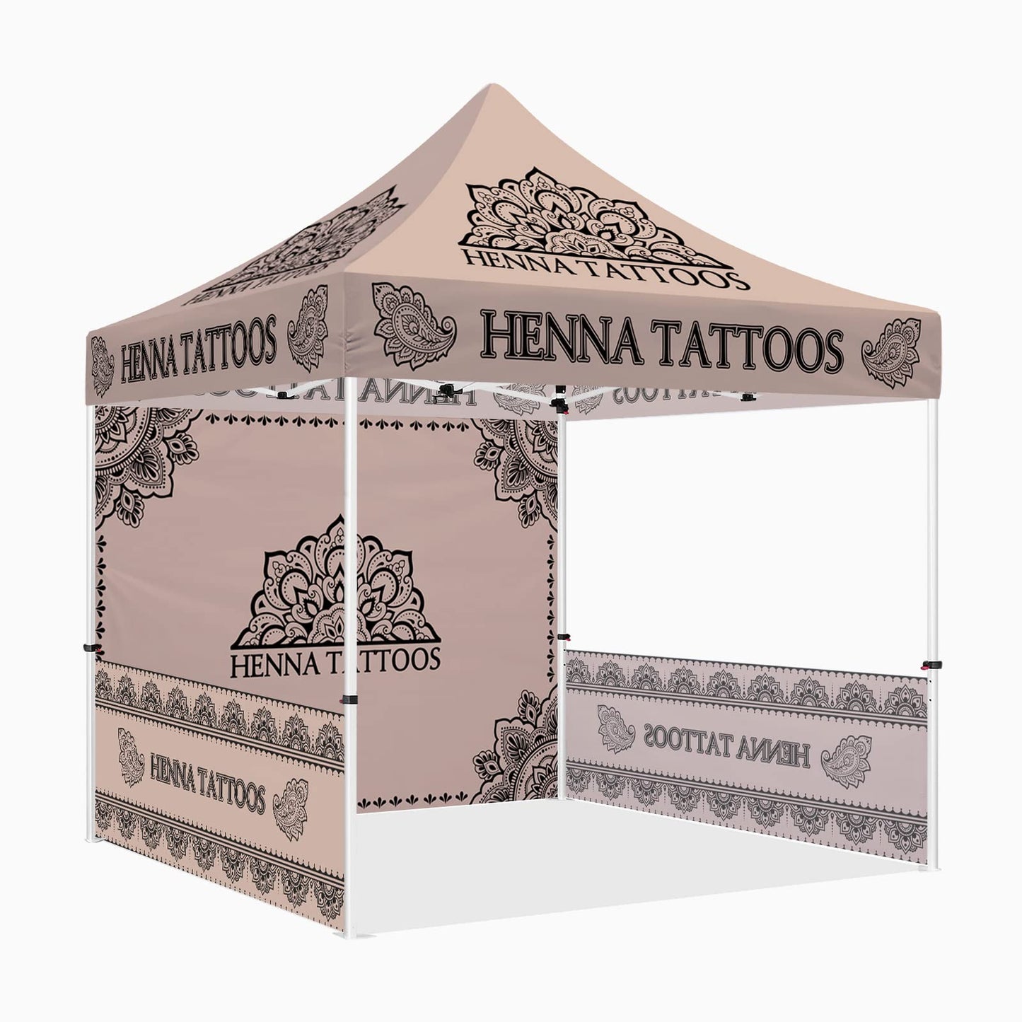 10x10 Henna Tattoo Themed Pop Up Canopy Tent, Dye-Sub Printed Artists Tent for Natural Henna Body Art and Face Painting Heavy Duty with Roller Bag, Back Wall, Sidewalls and Rails