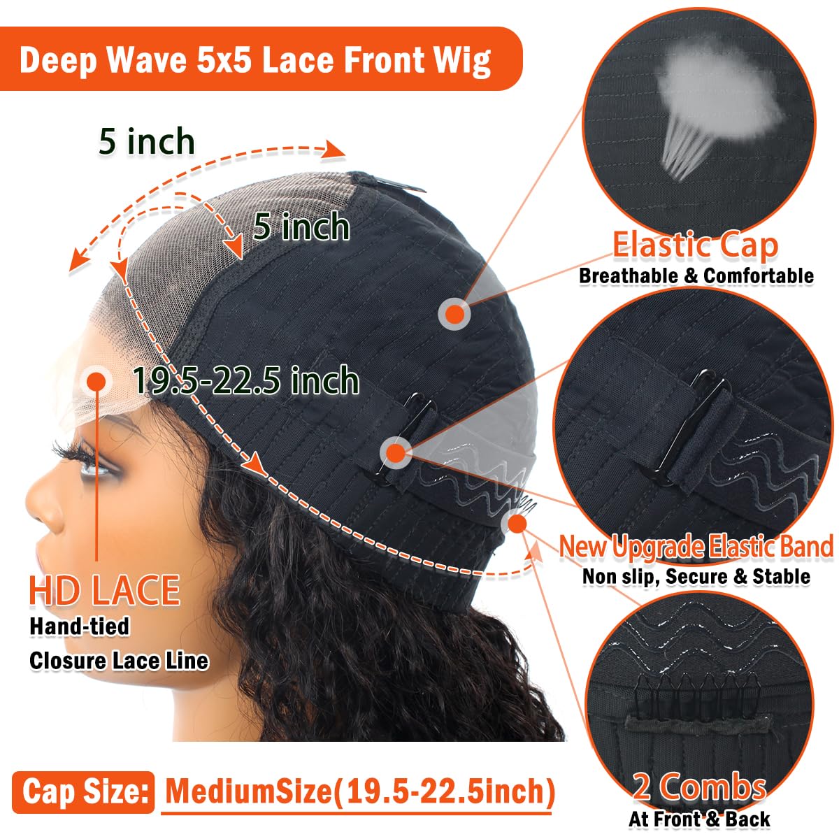 5x5 Lace Closure Wig Human Hair Deep Wave 5x5 HD Lace Closure Wigs for Women 200% Density Curly Lace Front Wig 100% Virgin Human Hair Pre Plucked Glueless Deep Curly Wig with Baby Hair 20 Inch