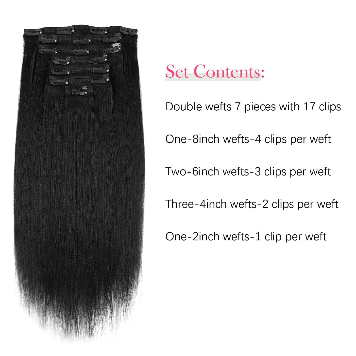 Sassina Light Yaki Straight Clip in Hair Extensions Human Hair Double Wefts Clip in Extensions for African American Black Women 120 Grams Jet Black 16 Inch 7Pcs