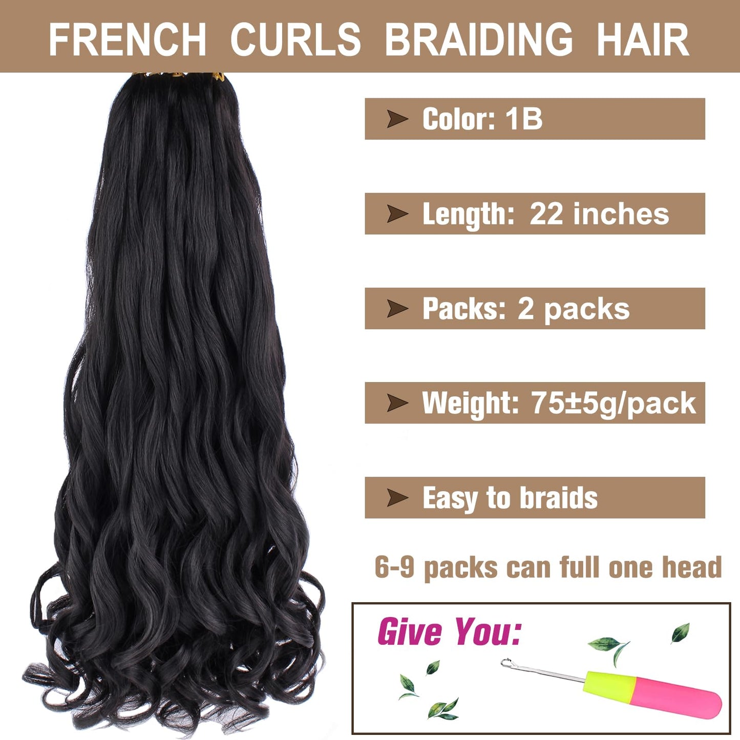 COOKOO French Curl Braiding Hair 22 Inch 2 Packs Loose Wave for Box Braids Spanish Curly Silky Spiral Curl Crochet Pre Stretched Bouncy Hair for Women 1B#