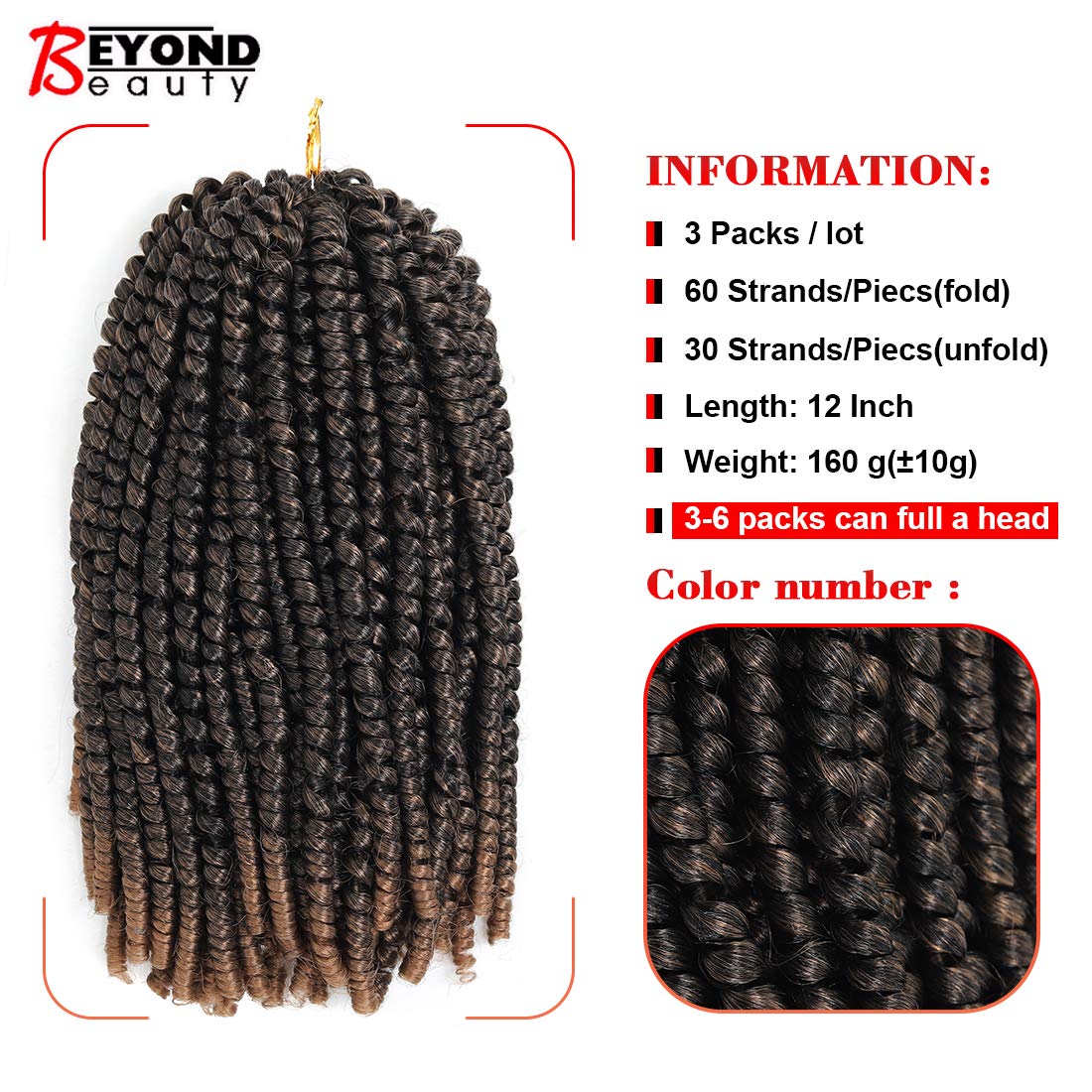 12 inch Spring Twist Crochet Braids Hair for Butterfly Locs Bomb Twist Crochet Hair Beyond Beauty Ombre Colors Synthetic Fluffy Hair Extension 3 Packs M1B/27
