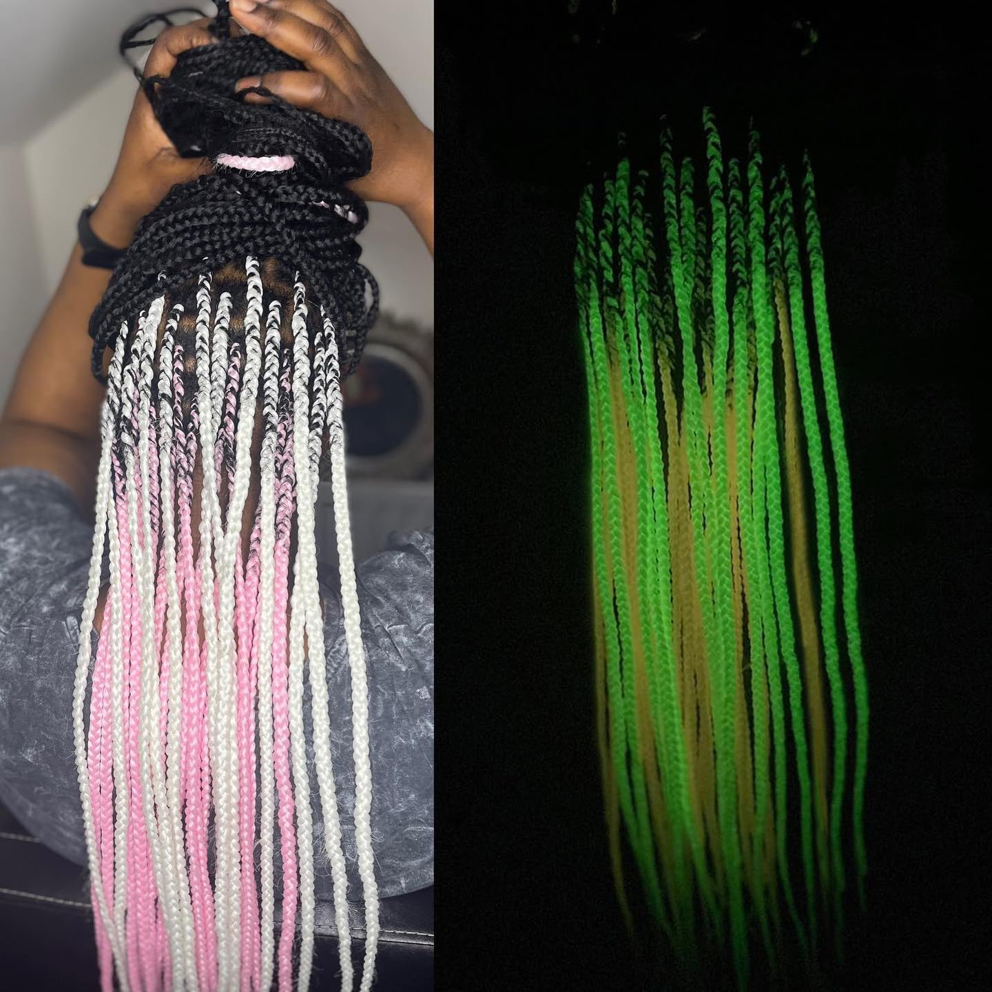 24inch Colored Jumbo Braiding Hair Extensions 4Pack Colorful Synthetic Glow in the Dark(White/Pink)
