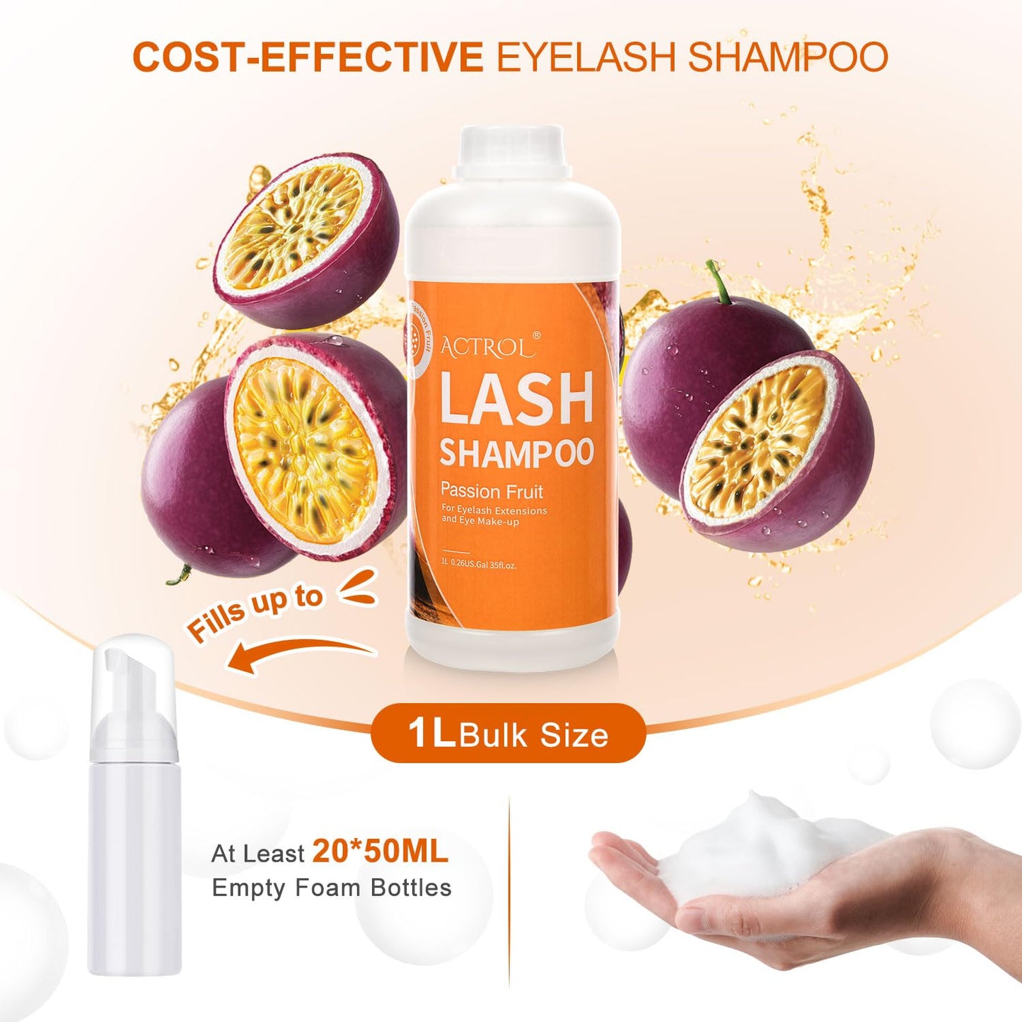 ACTROL Eyelash Extension Cleanser Passion Fruit 1L Natural Lash Extension Shampoo Professional Eyelid Foaming Cleanser Paraben & Sulfate Free Non-lrritating with Salon and Home Care