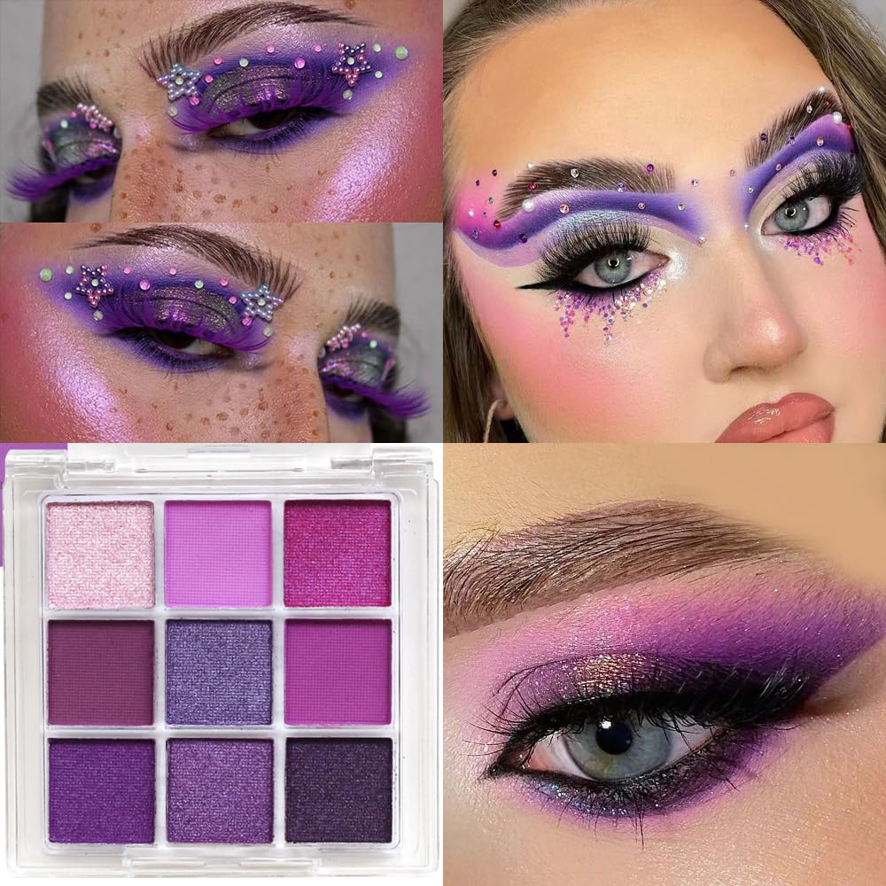 9 Colors Eyeshadow Palette - Purple Eyeshadow Theme, High Pigmented Blendable Matte & Glitter Shimmer Finishes, 24-Hour Long Lasting Eye Makeup for Christmas & Music Festivals(Purple)