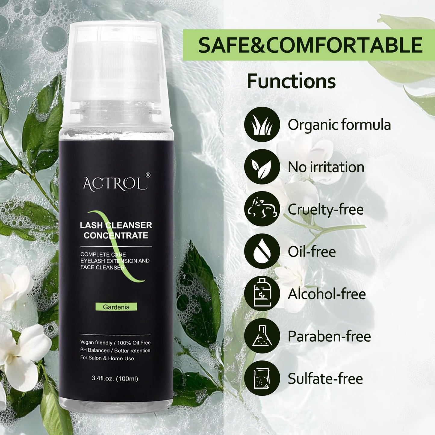 ACTROL Eyelash Cleanser Concentrate Professional Lash Shampoo Foaming Cleanser DIY Paraben & Sulfate Free Non-lrritating Wash for Extensions Lashes with Salon Home Gardenia