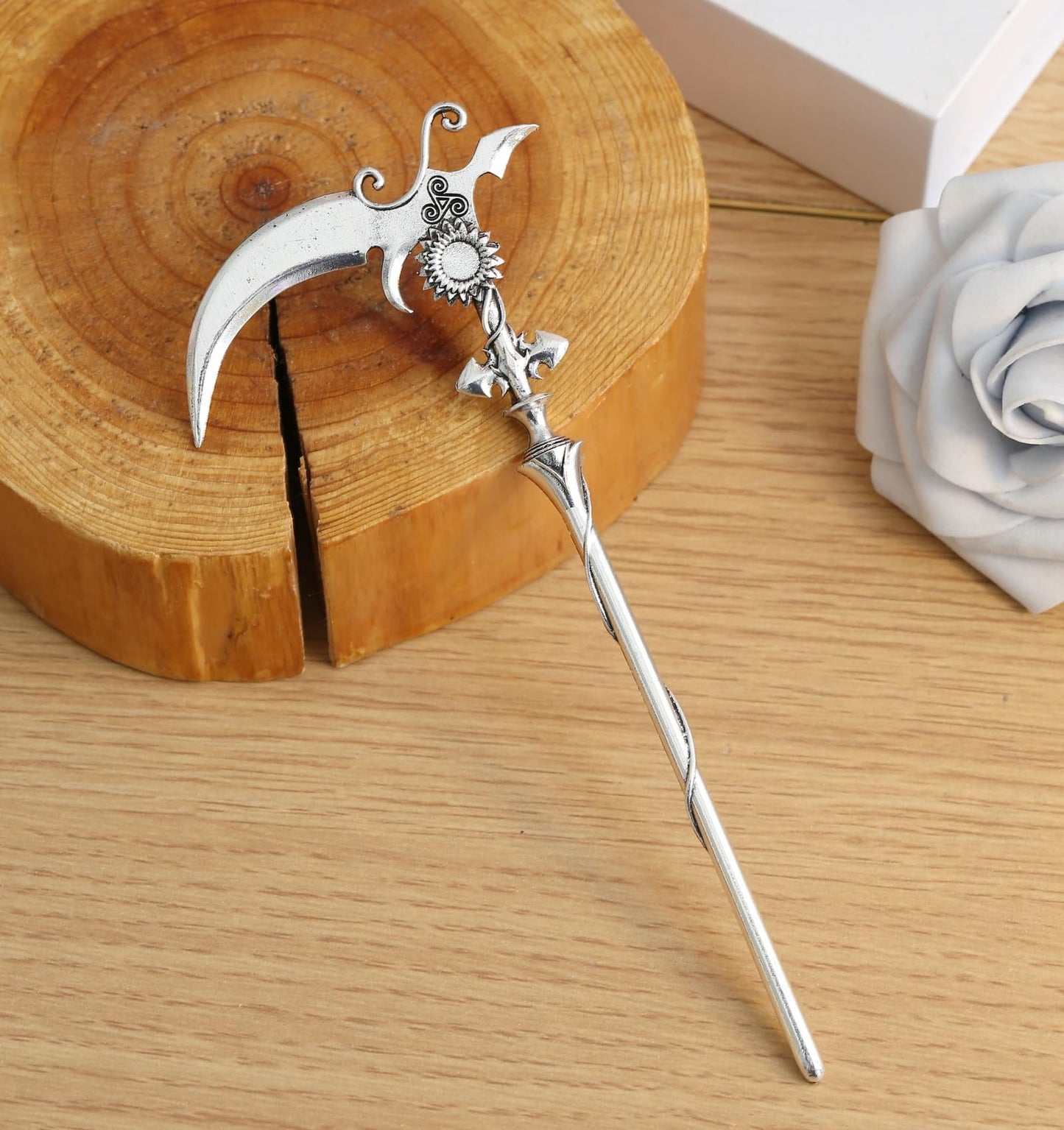 2pcs Sunflower Reaper Scythe Hair Styling Pins Black Wicca Witch Hair Slide Renaissance Festival Hair Acceossories for Women Hair Stick Antique Silver Plated