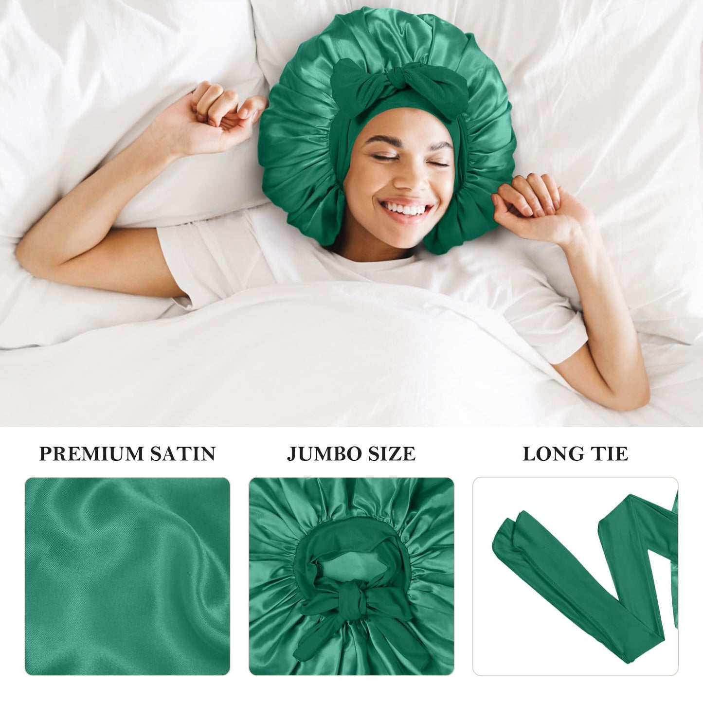 3Pcs Satin Silk Bonnet for Sleeping, Braids Hair Bonnets for Sleeping with Tie Band showercap(Black+Light Green+Dark Green)