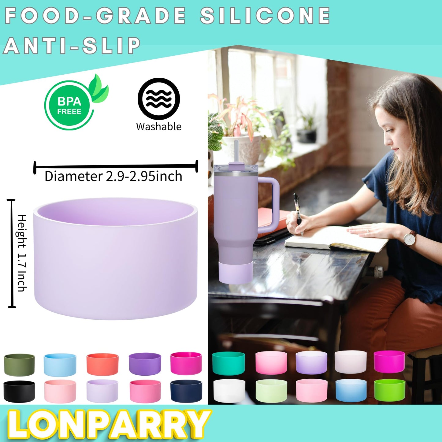 LONPARRY 4-Pack Silicone Boot for Stanley Cup Quencher IceFlow Rubber Bottom Sleeve Protector for Stanley Tumbler HydroFlask Car Travel Cup Bottle Bottom (Clear+Black+Fog+Clear Purple)