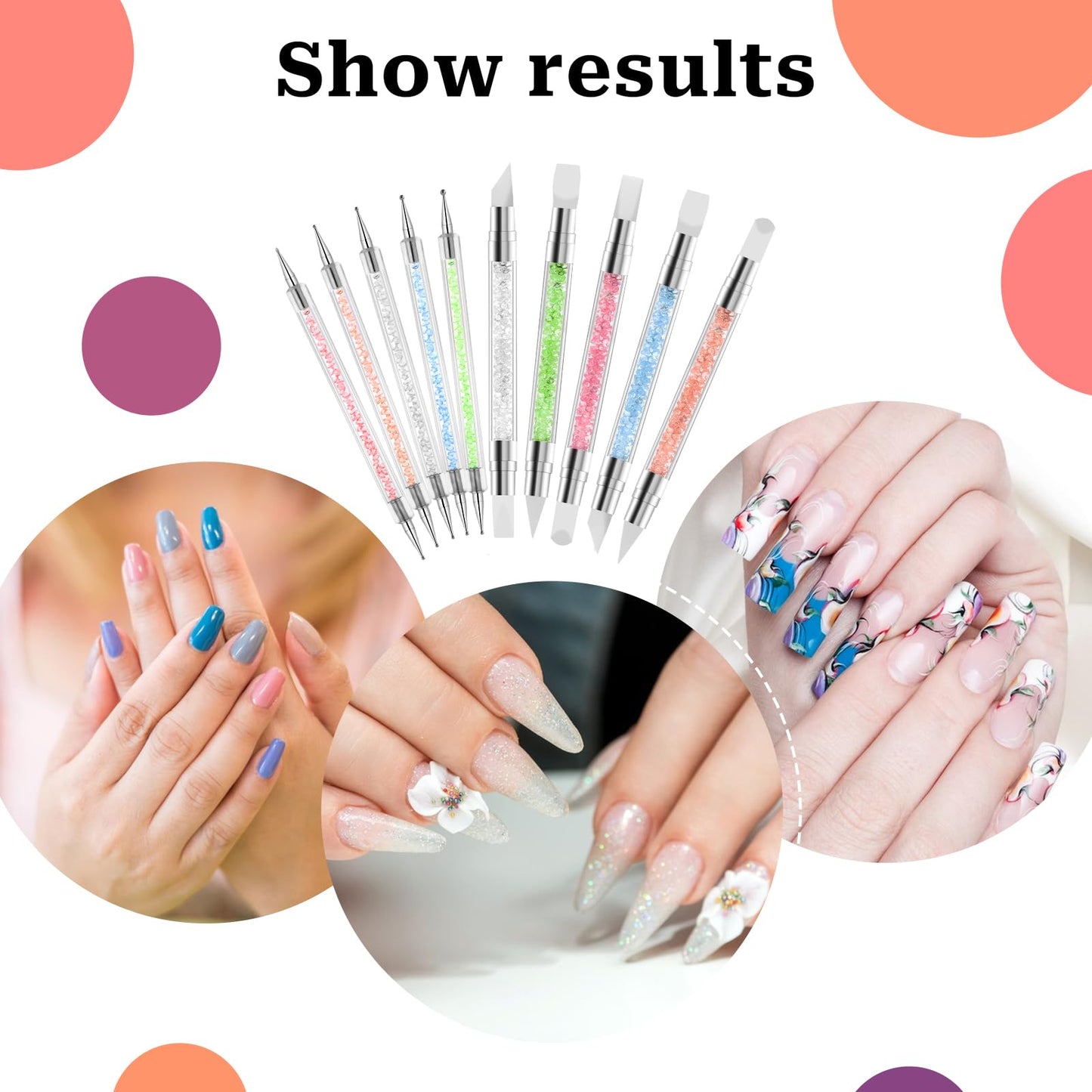 10PCS Nail Art Gel Carving Pen Acrylic Nail Dotting Pen Rhinestone Handle Double-Ended Silicone Nail Art Pen Brushes for Design Nail Foil Carving Drawing and 3D Effect Shaping Drawing Dotting Tools