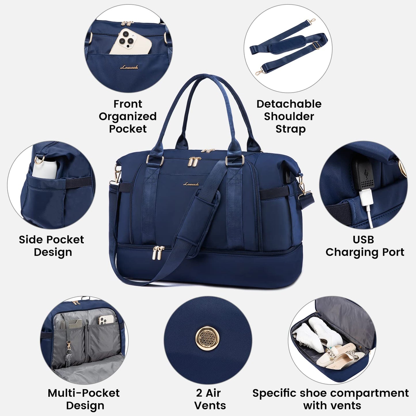 Gym Bag for Women LOVEVOOK Travel Duffel Bag with USB Charging Port, Navy Blue, Medium
