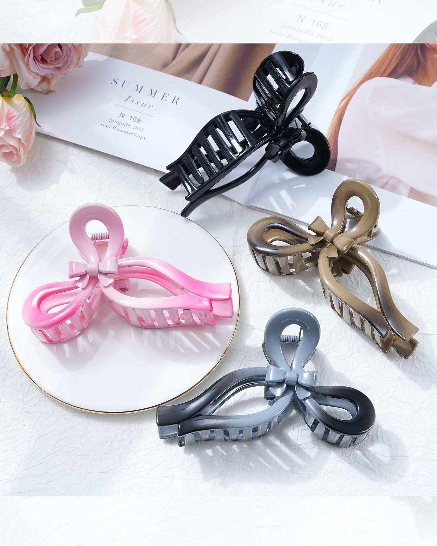 4 PCS Bow Hair Clips for Women Bow Claw Clip 5" Large Hair Claw Clips for Thick and Thin Hair Cute Bows Jaw Clip (Gradient - Khaki + Gray + Pink + Black)