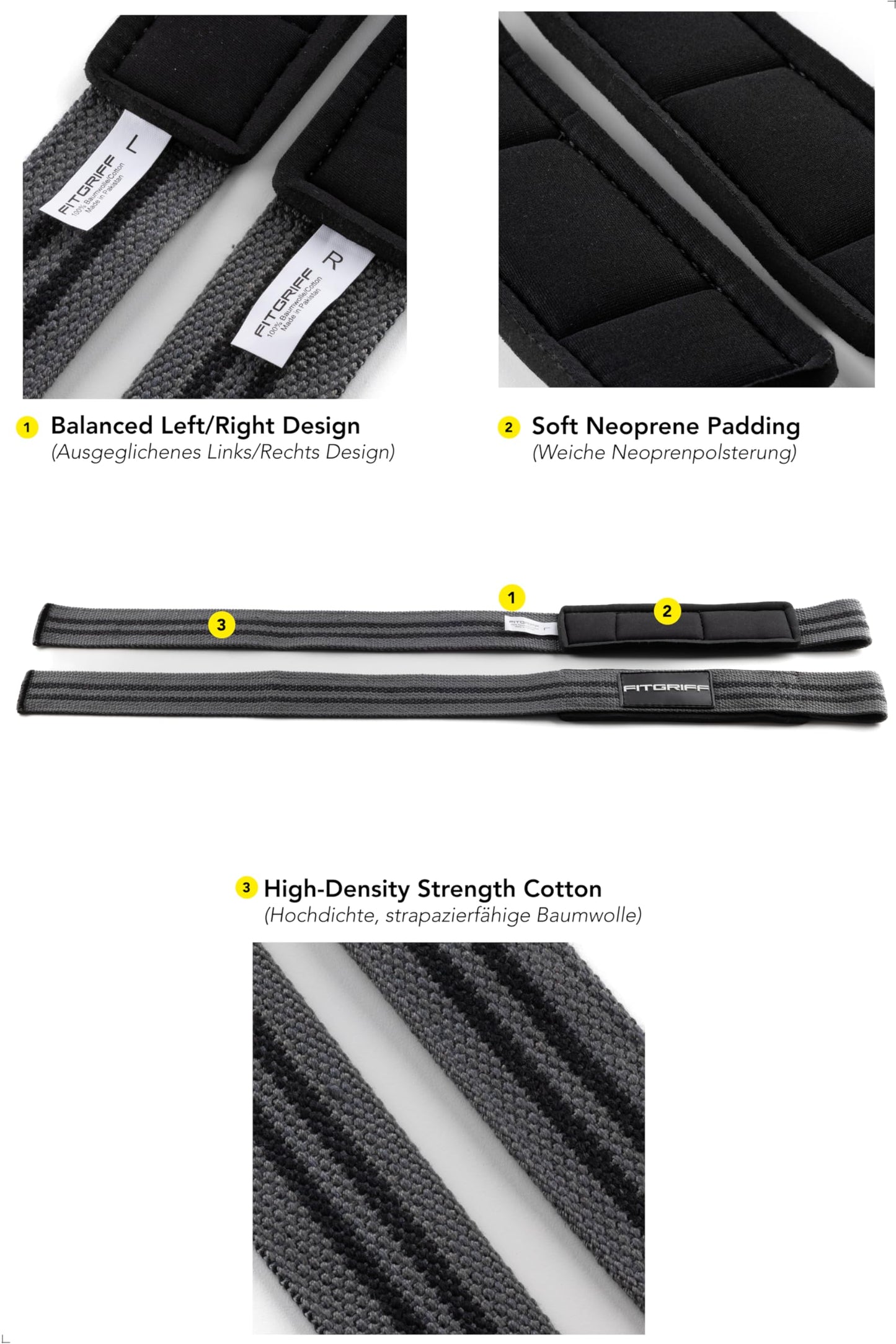 Fitgriff® Lifting Wrist Straps for Weightlifting, Gym, Deadlift, Workout (Made of Premium Cotton & Padded) - Men & Women (Standard, Grey)